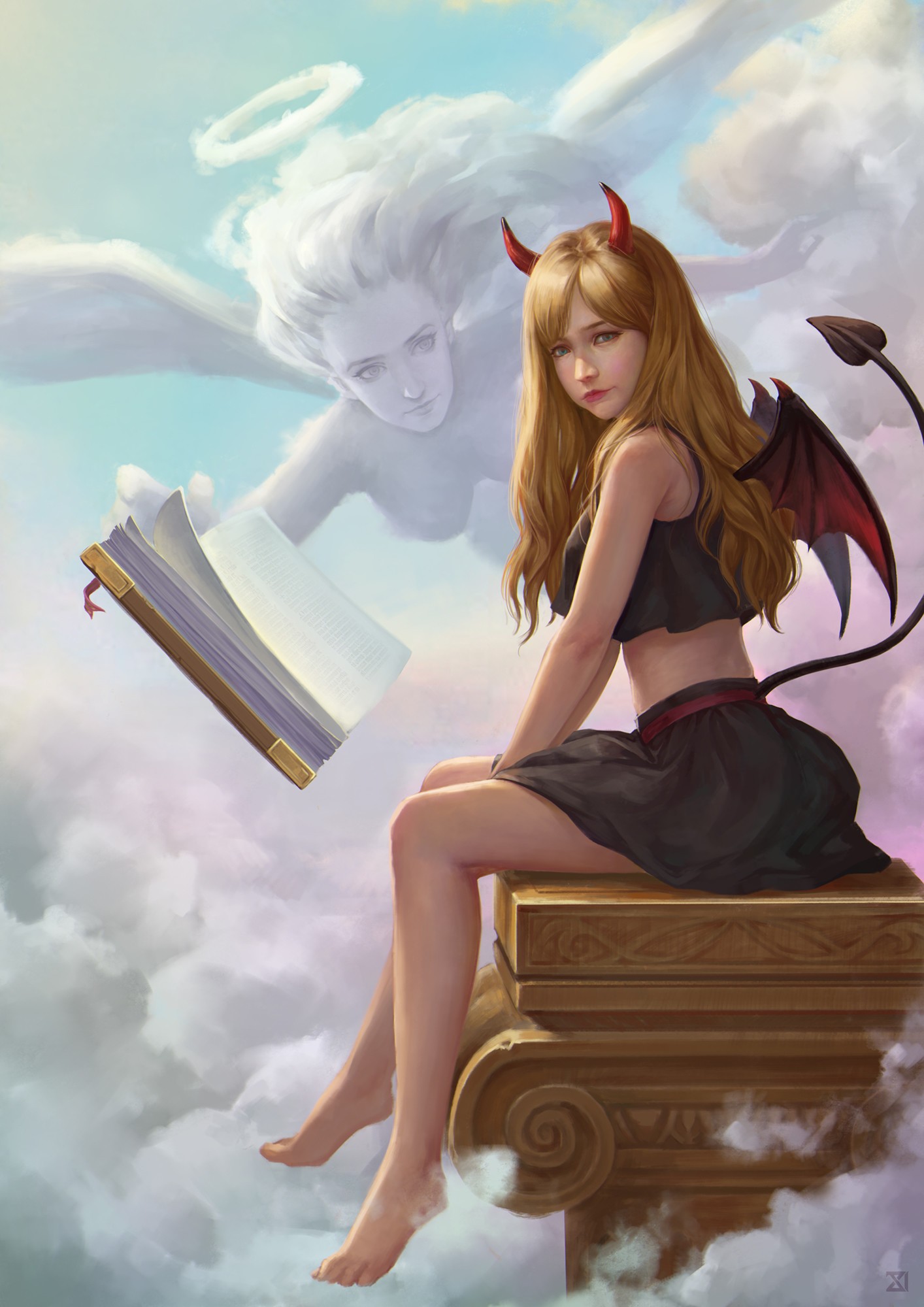 Demon girl and angel reading a book in the clouds HD Wallpaper