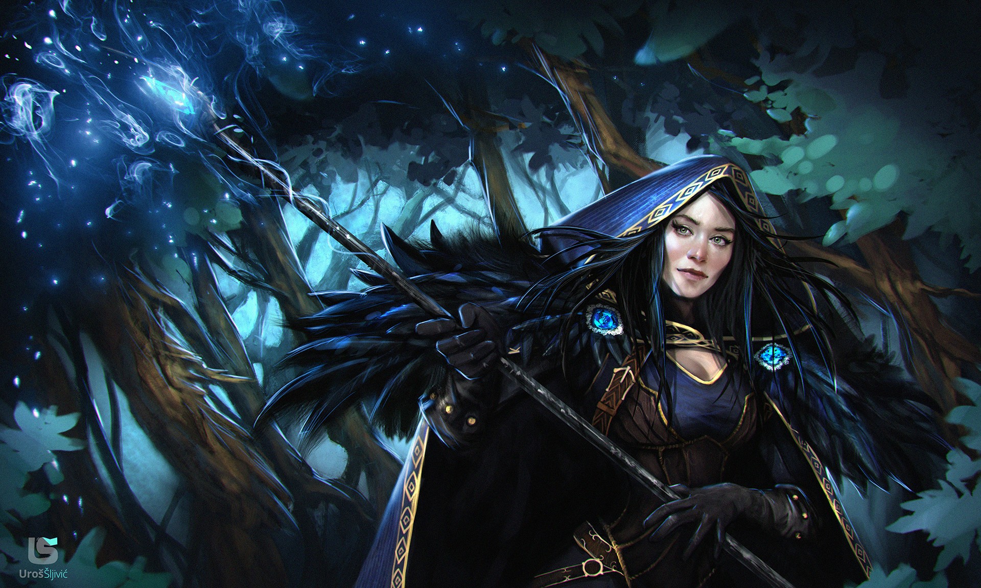Fantasy art of a witch in a forest HD Wallpaper