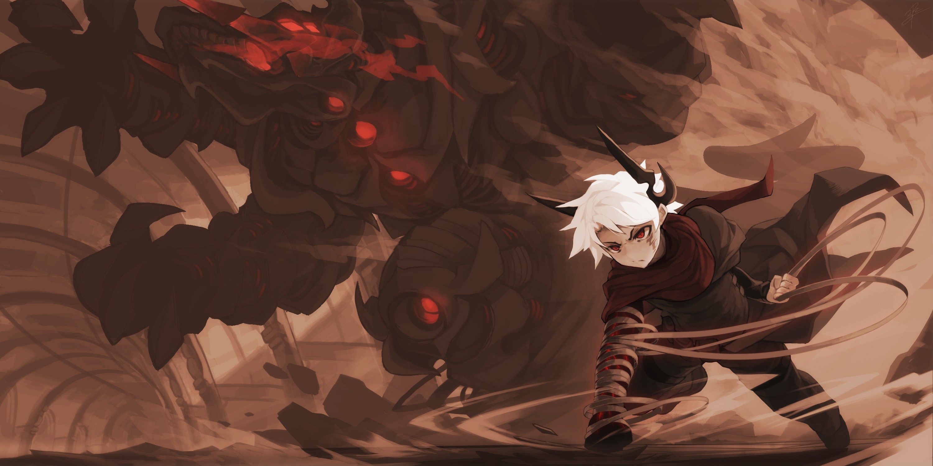 Fantasy warrior facing a large monster HD Wallpaper