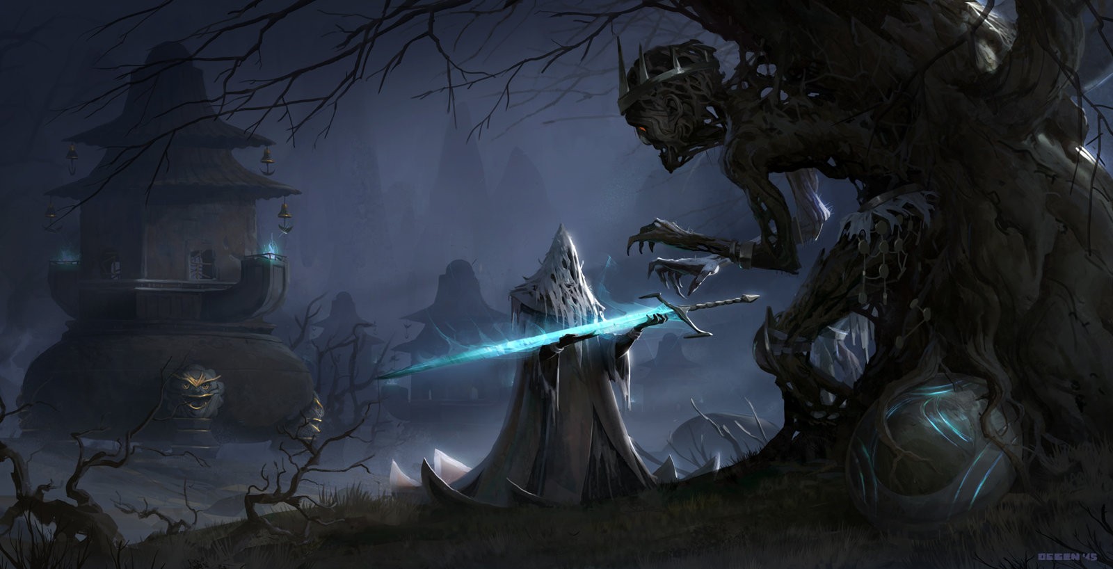 Fantasy art of a skeletal figure holding a glowing sword HD Wallpaper