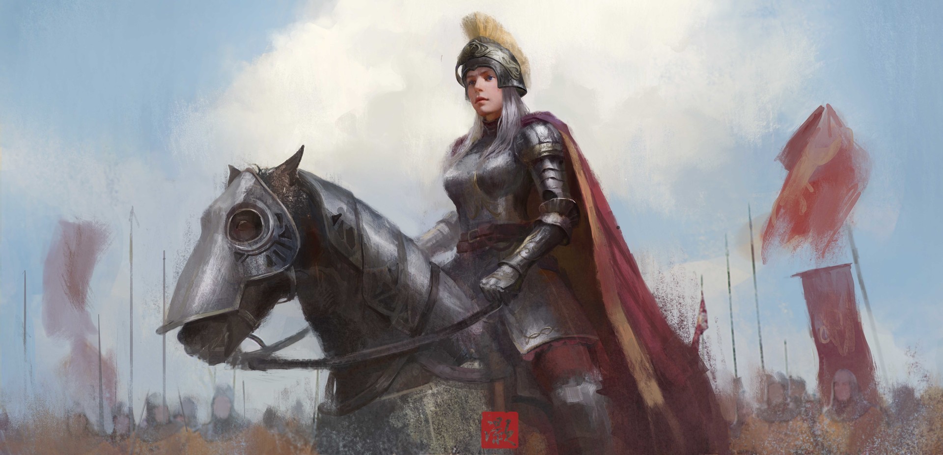 Female warrior on horseback with army and flags HD Wallpaper