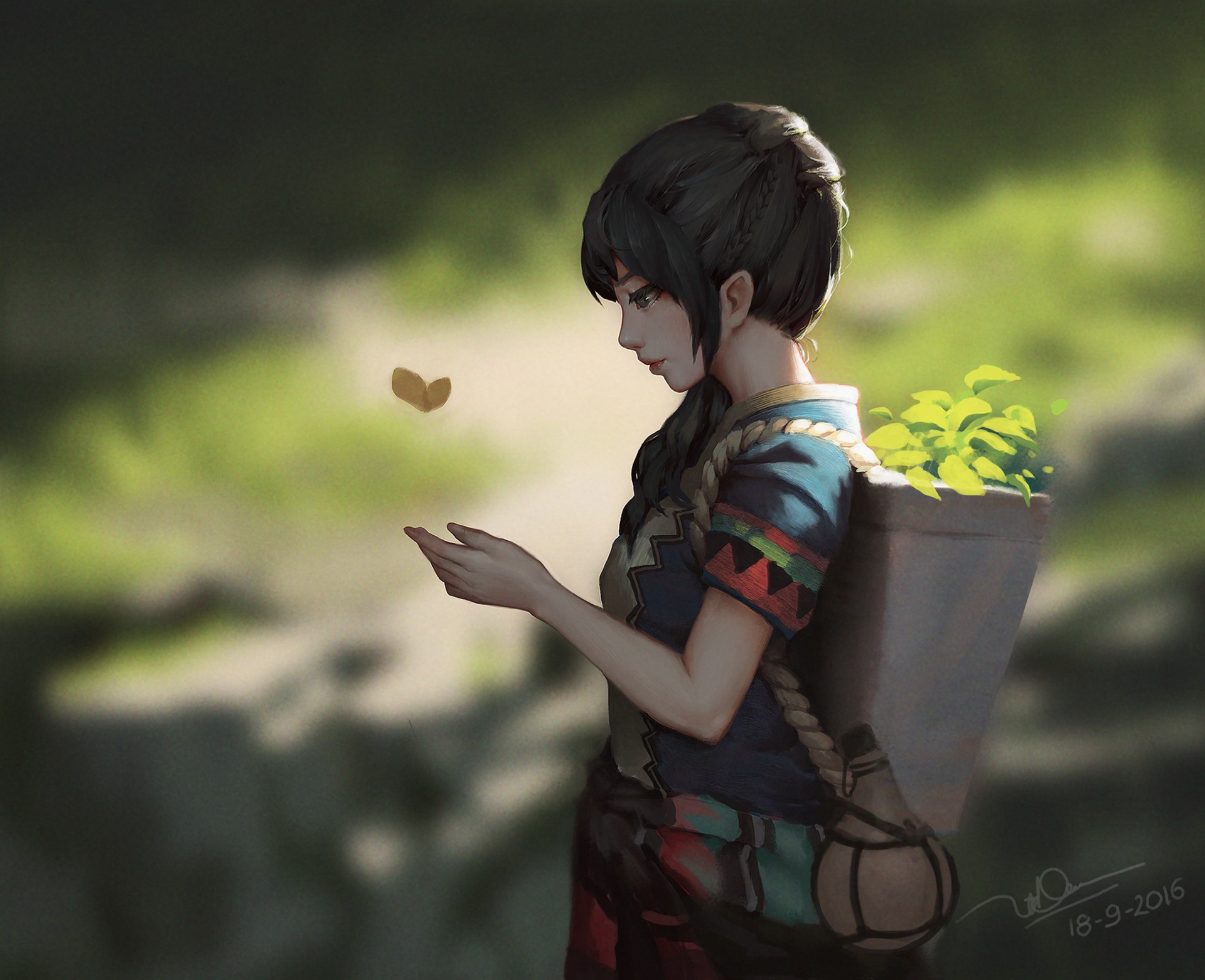 Girl with butterfly in a forest HD Wallpaper