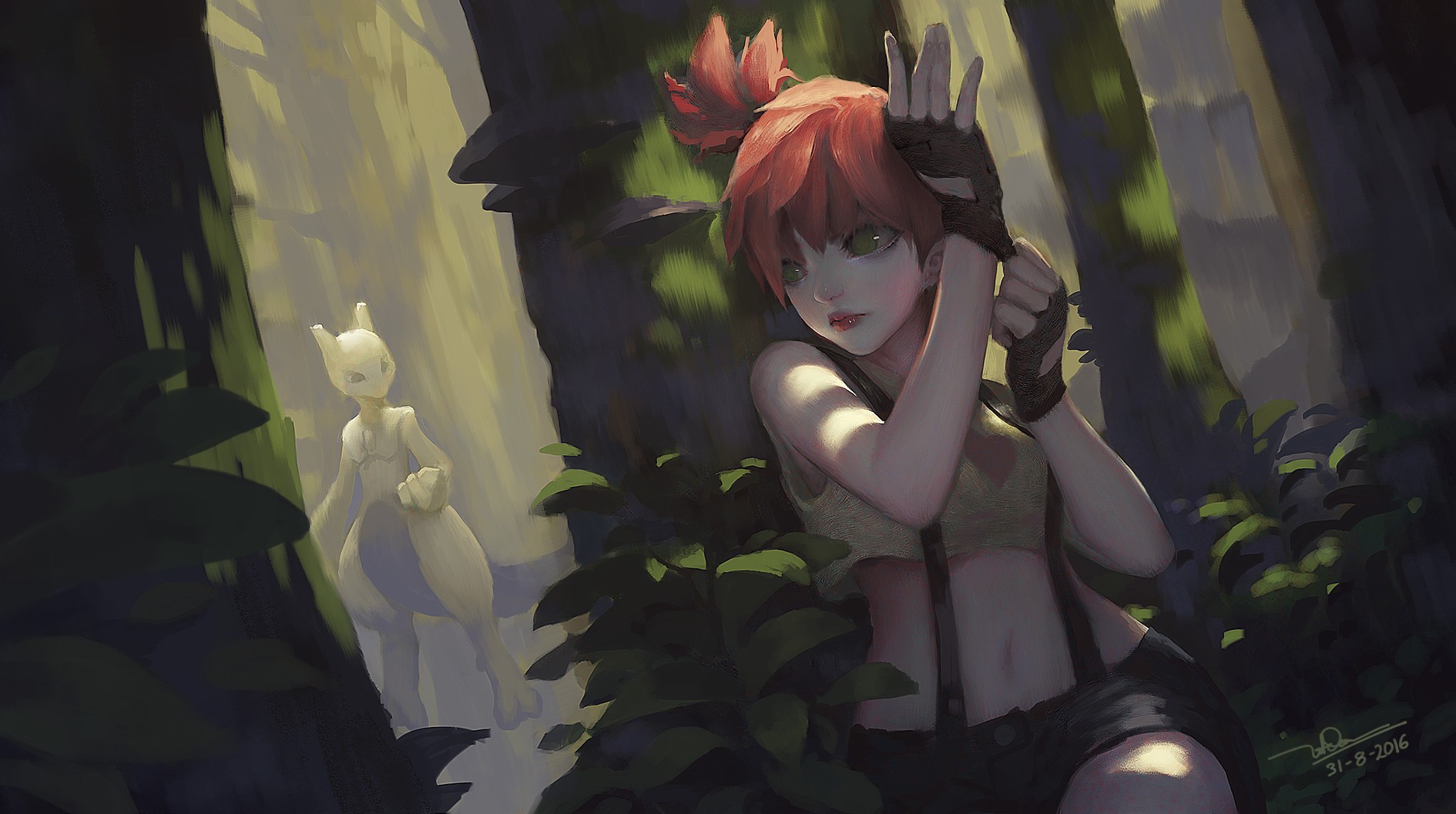 Misty and Mewtwo in a forest HD Wallpaper