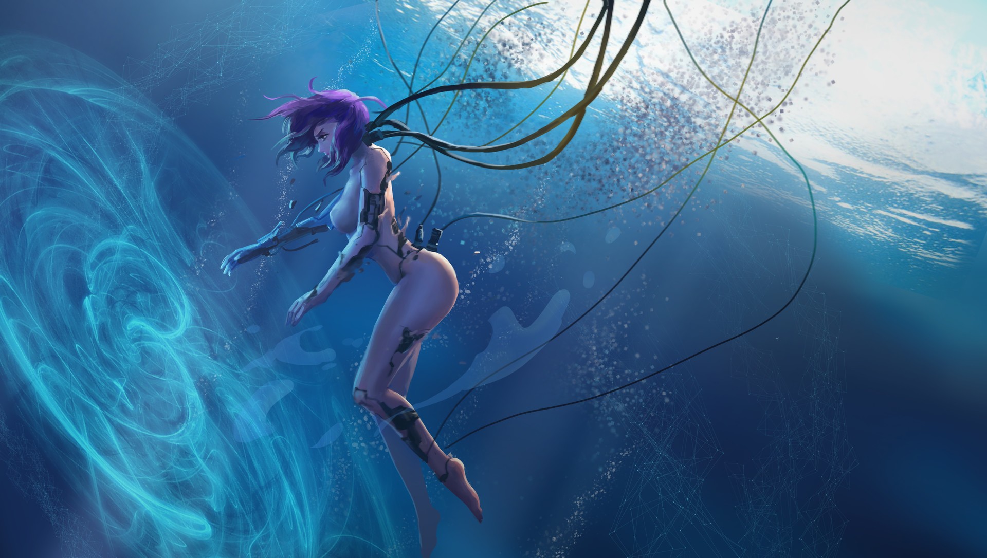 Cyborg woman floating in blue water with cables HD Wallpaper