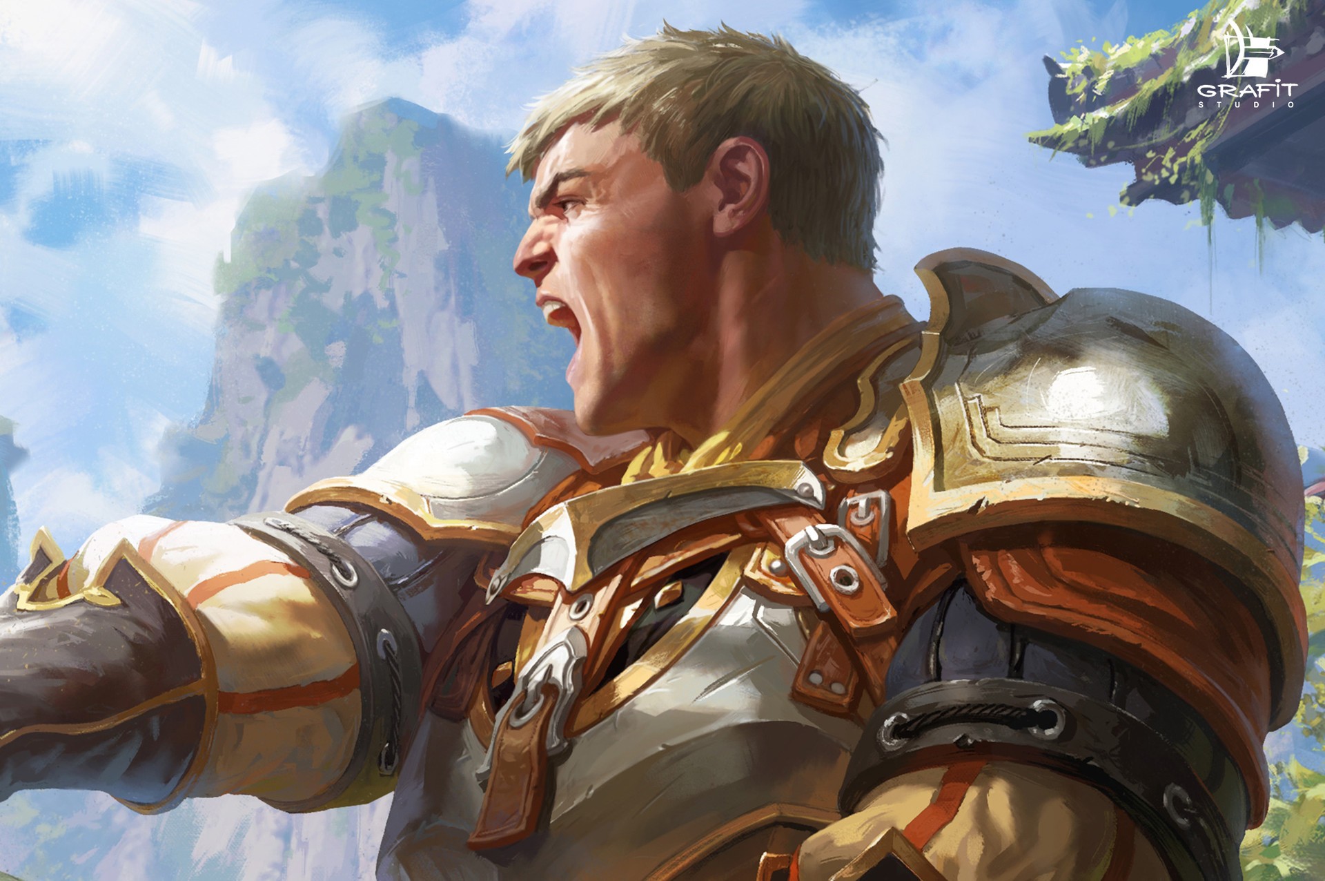 Fantasy warrior in ornate armor shouting HD Wallpaper