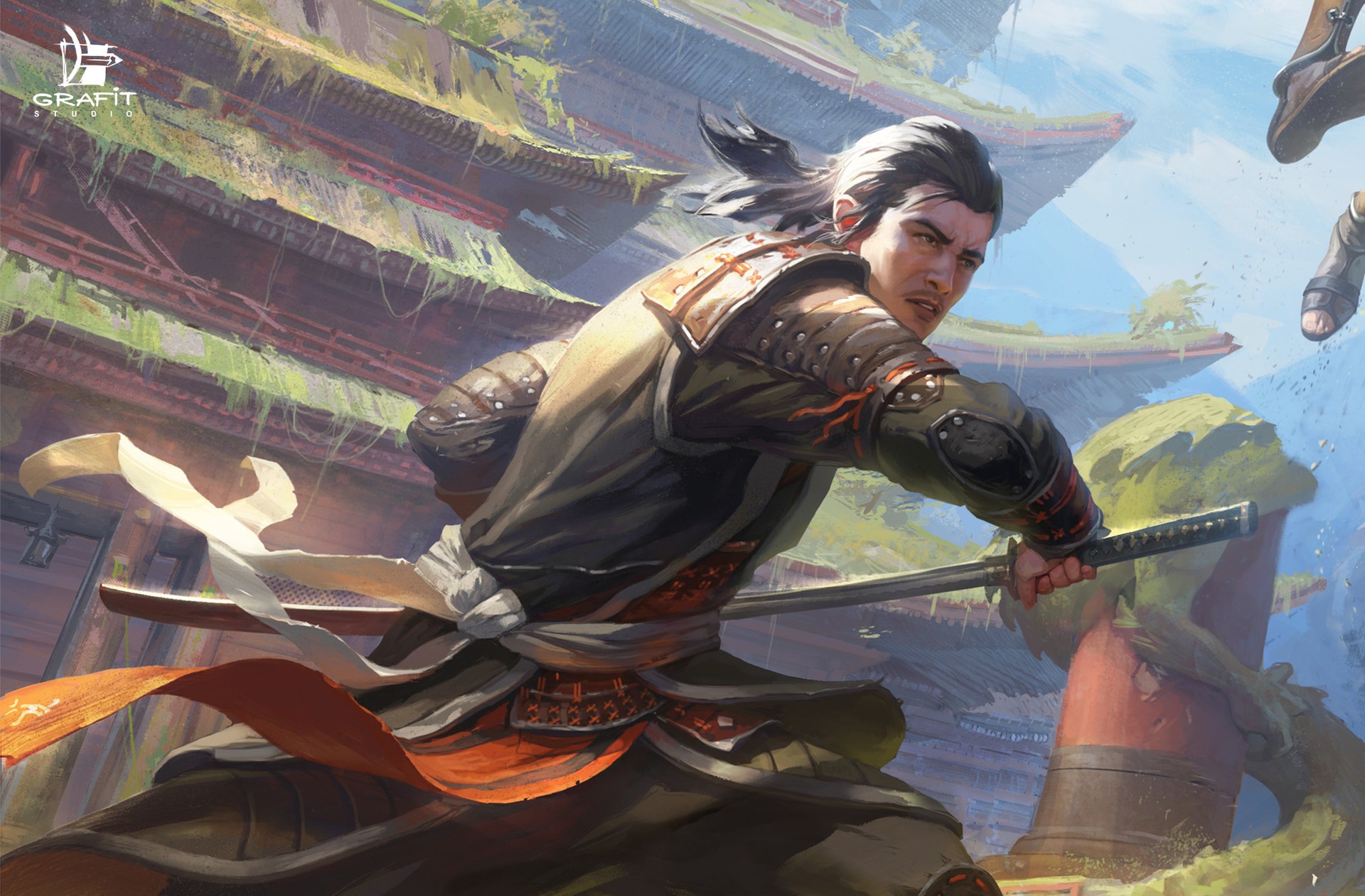 Fantasy warrior with sword in ancient Asian city HD Wallpaper