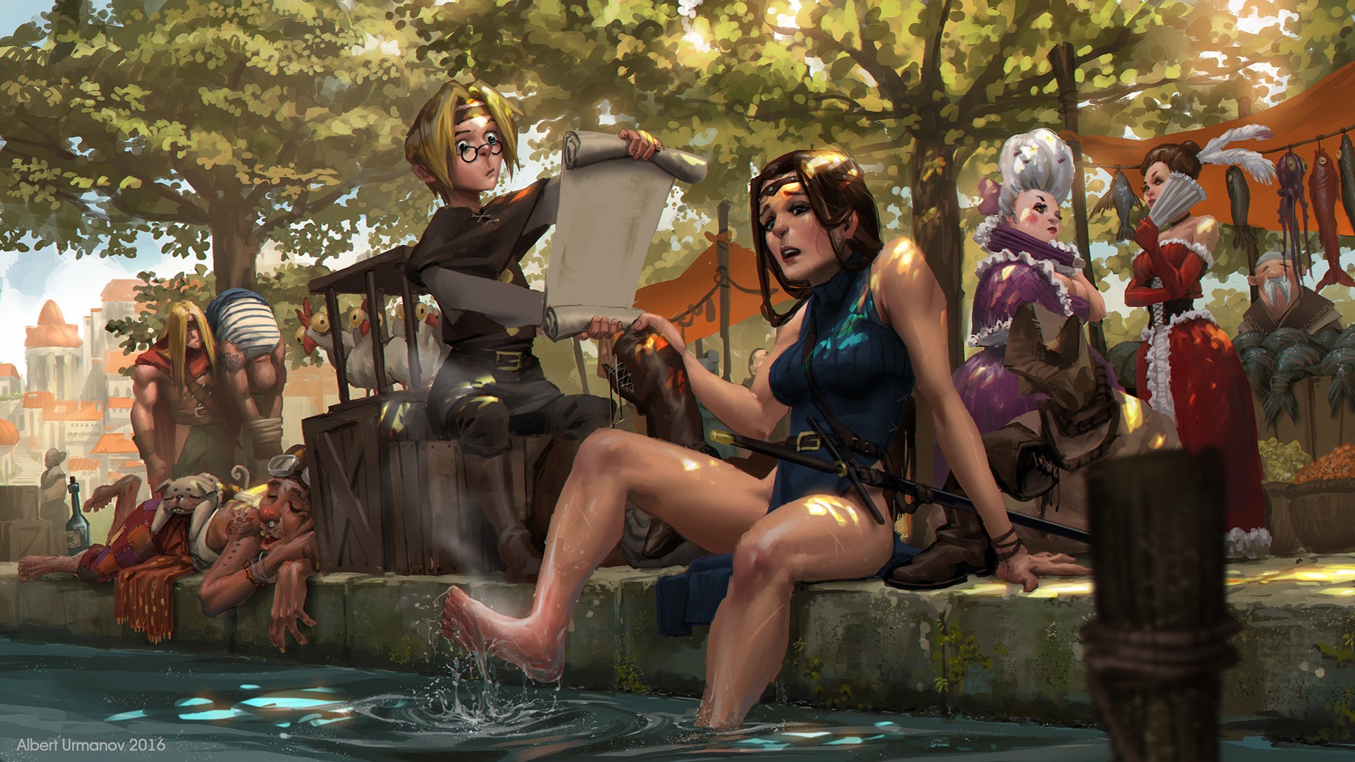 Fantasy market scene with warriors and merchants HD Wallpaper