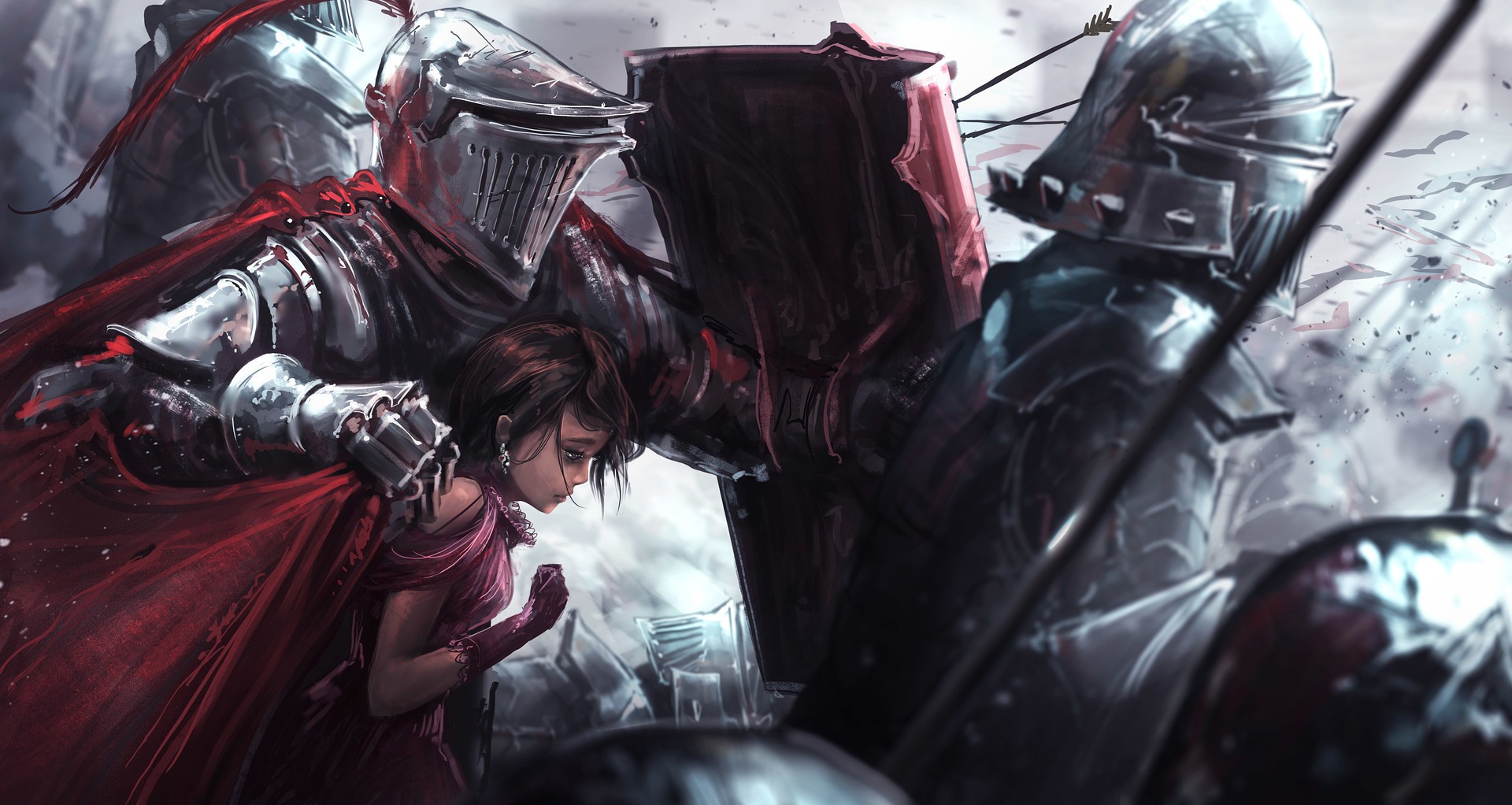 Fantasy girl protected by knights in battle HD Wallpaper