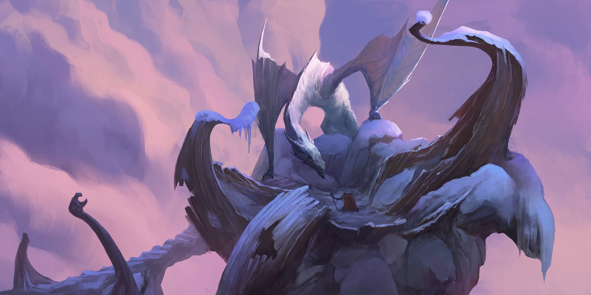 Fantasy artwork of a dragon on a snowy mountain HD Wallpaper
