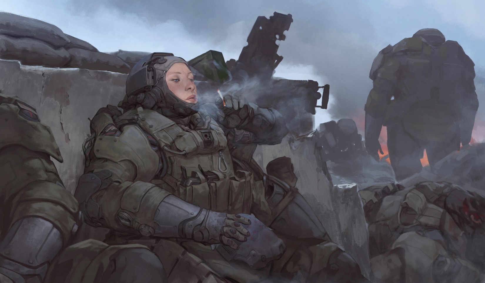 Soldier smoking in a war-torn futuristic landscape HD Wallpaper