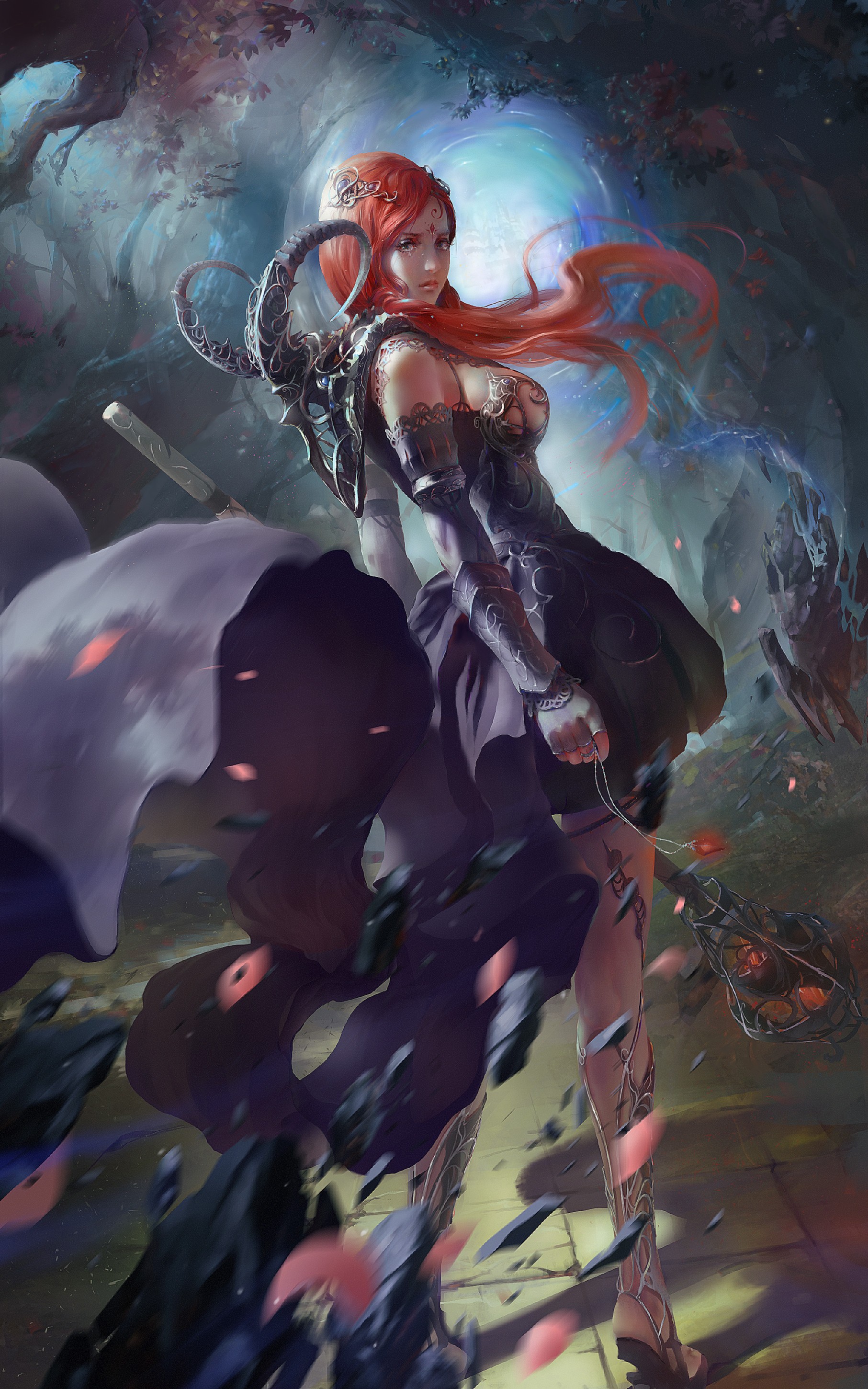 Fantasy art of a woman with red hair and horns HD Wallpaper
