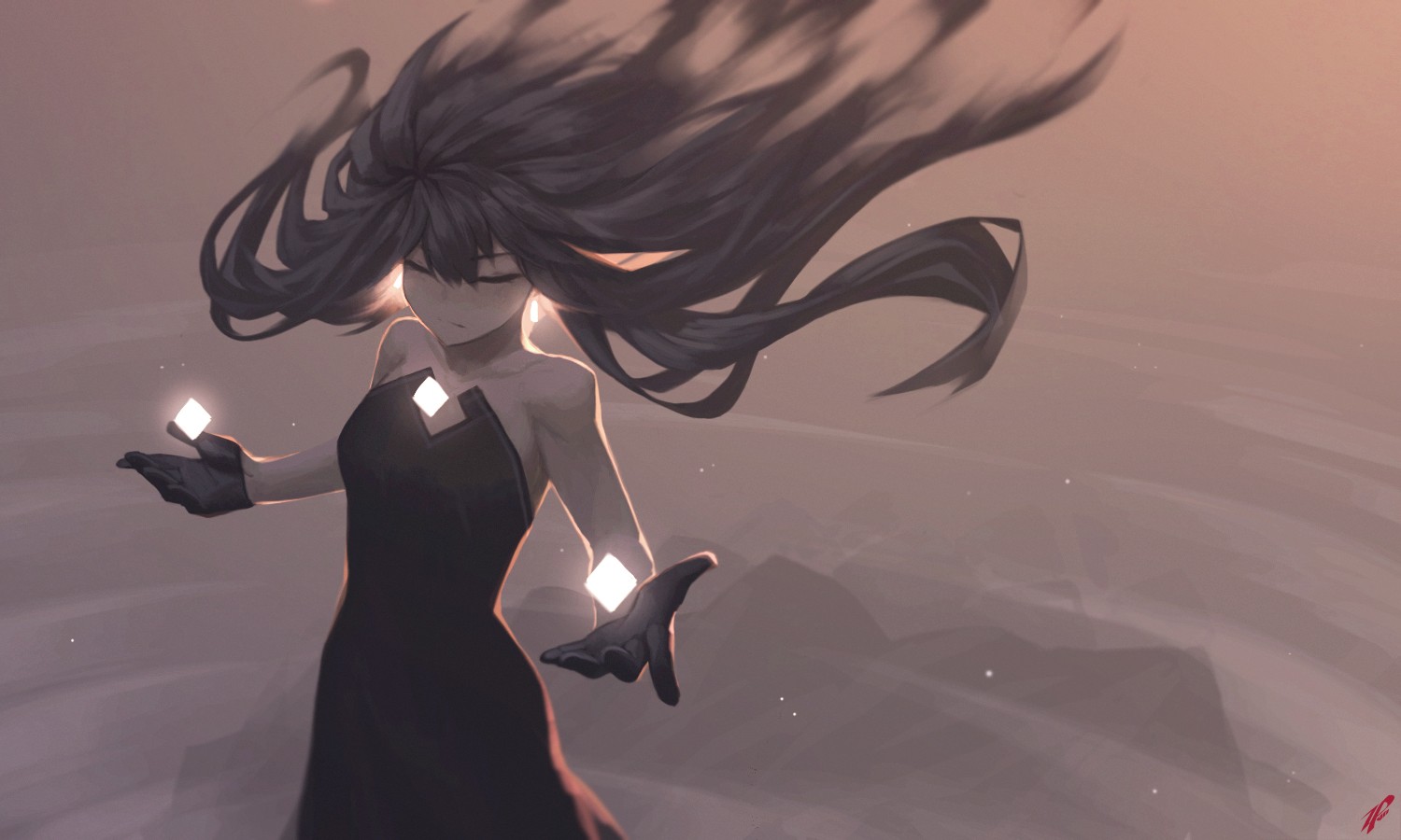 Anime girl with dark hair and glowing gems HD Wallpaper