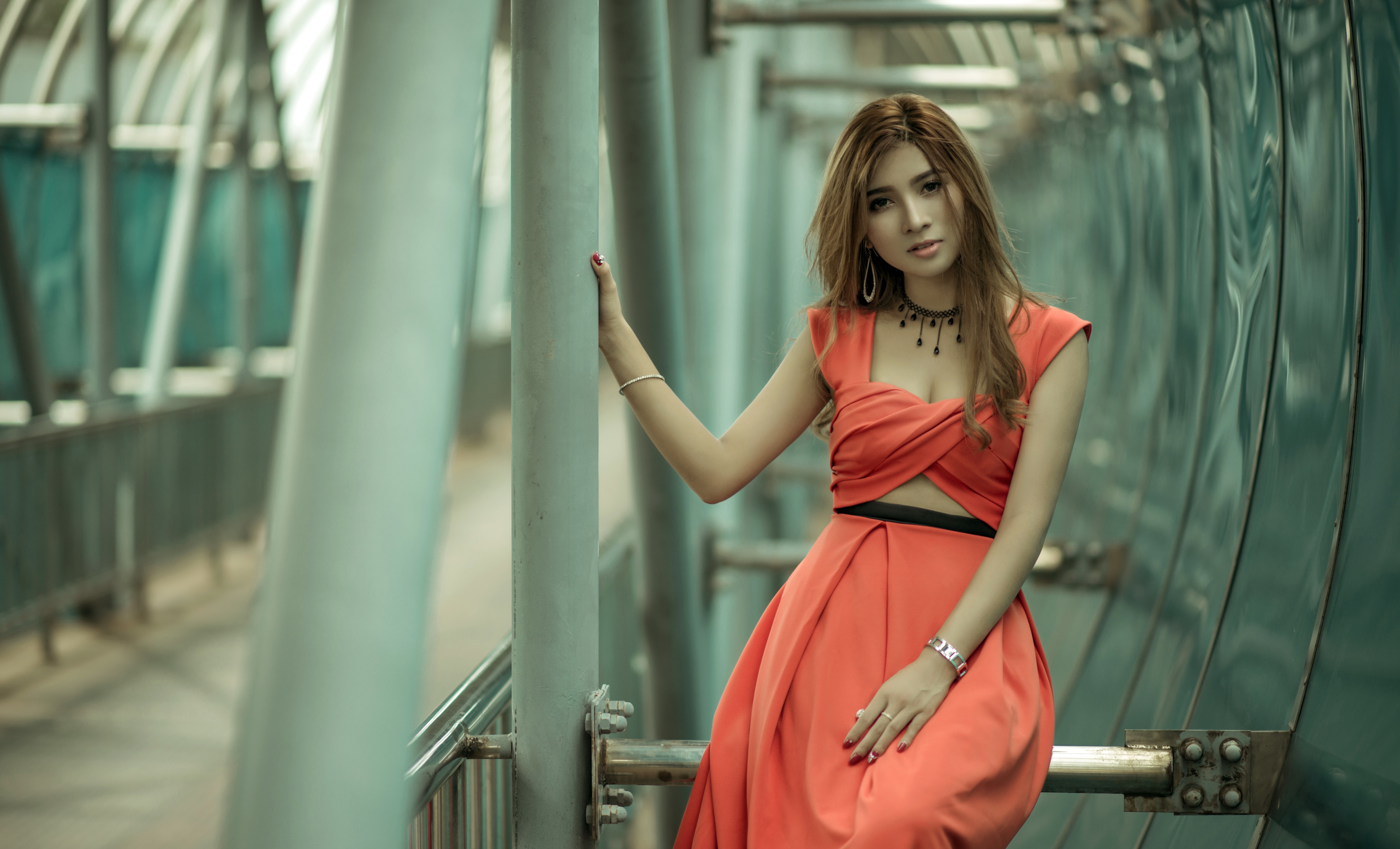 Asian woman in a red dress posing on a walkway HD Wallpaper