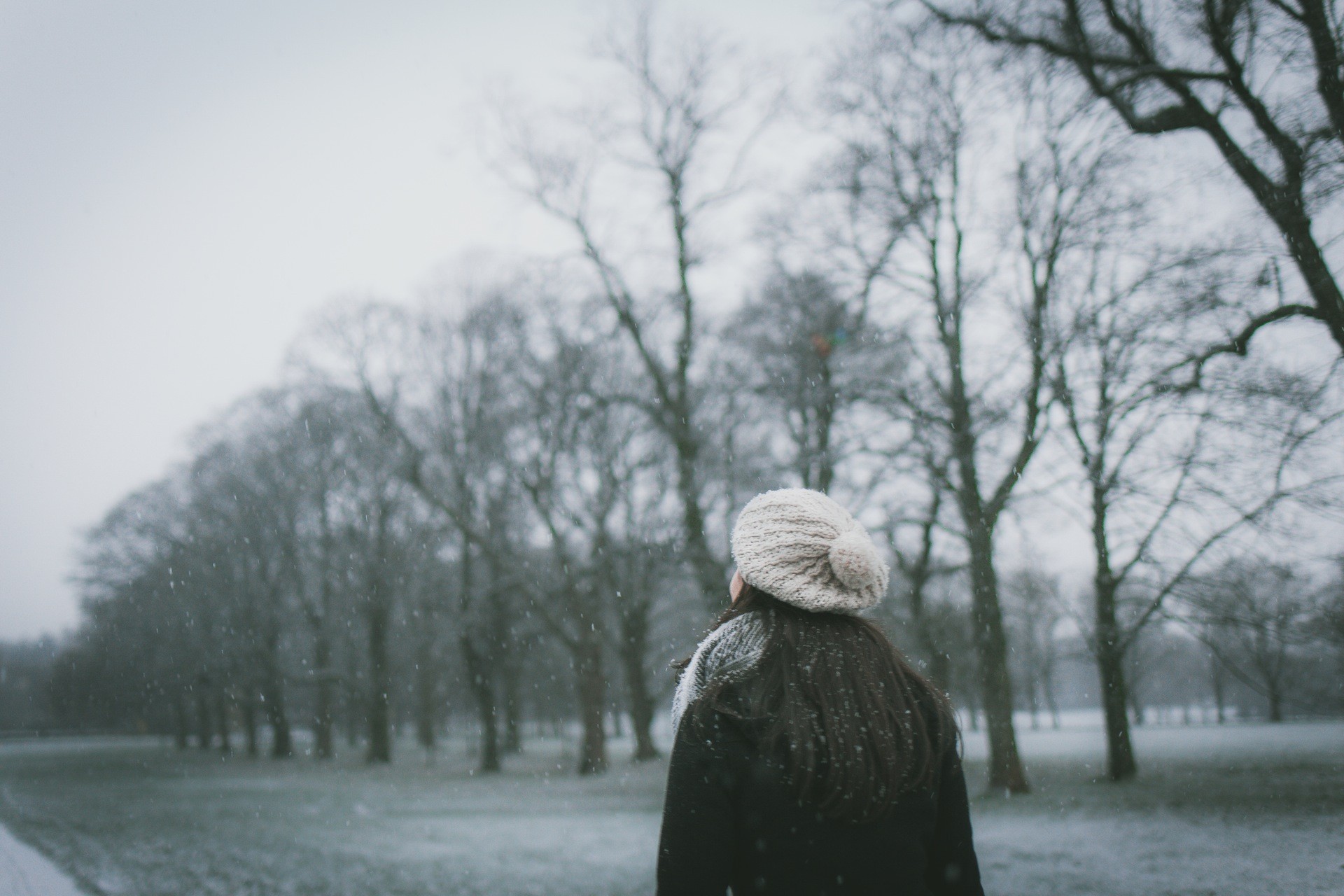 Woman in a knitted hat in a snowy park HD Wallpaper