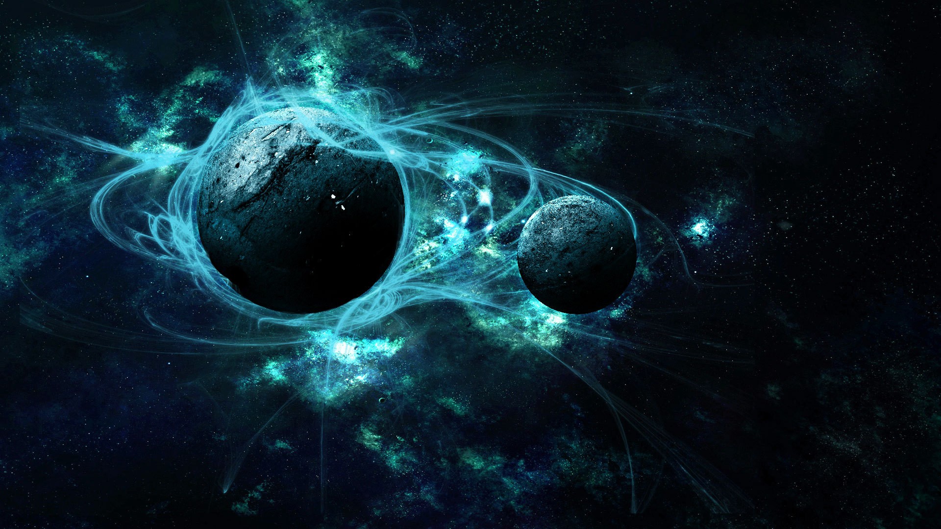 Two planets in a nebula with blue energy HD Wallpaper