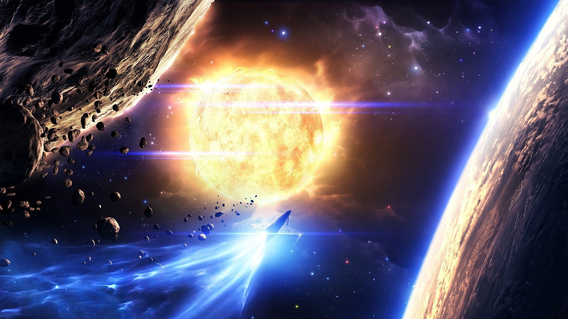Space art with sun, asteroids, and planet HD Wallpaper