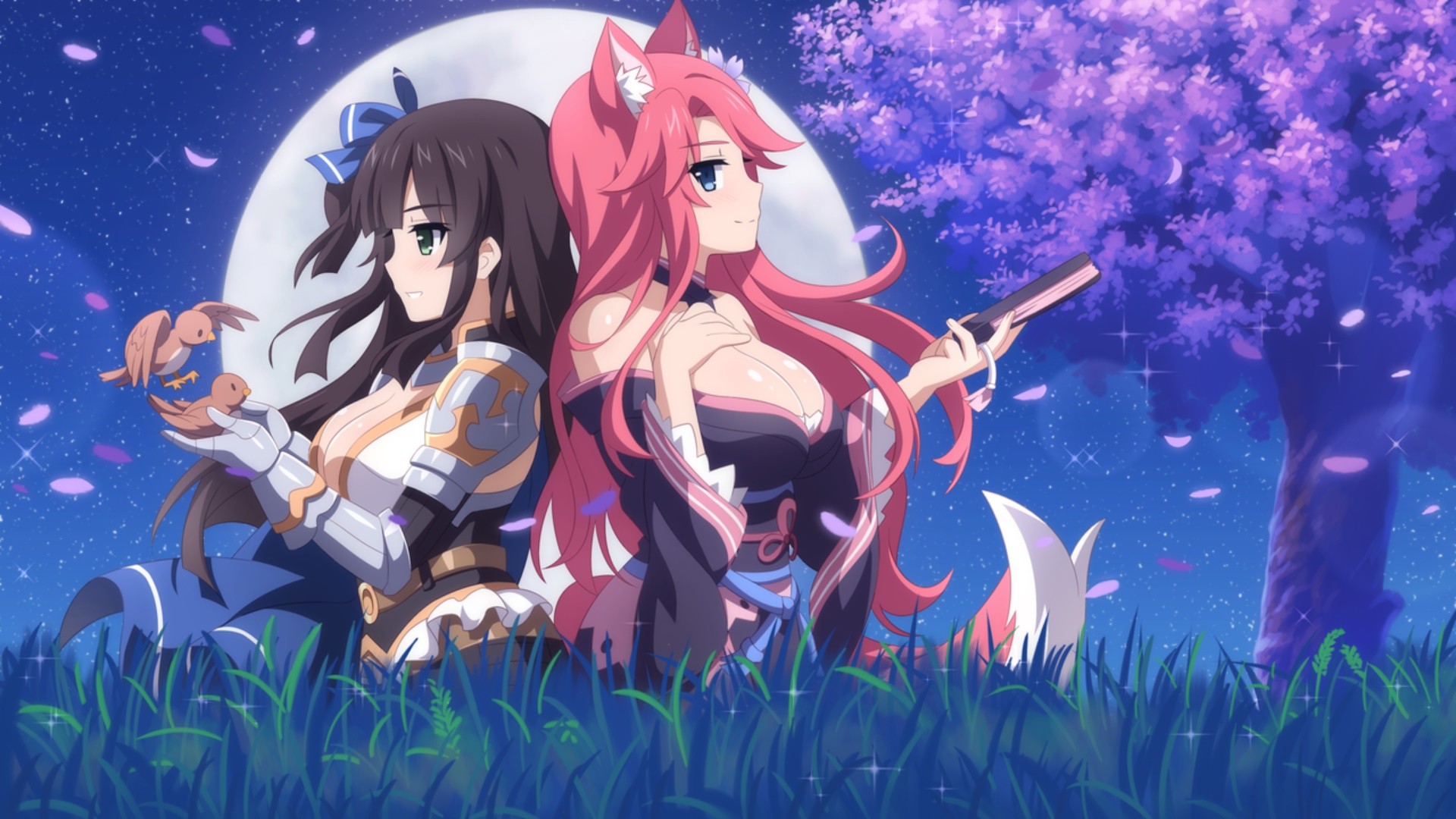 Two anime girls with birds and a moon HD Wallpaper