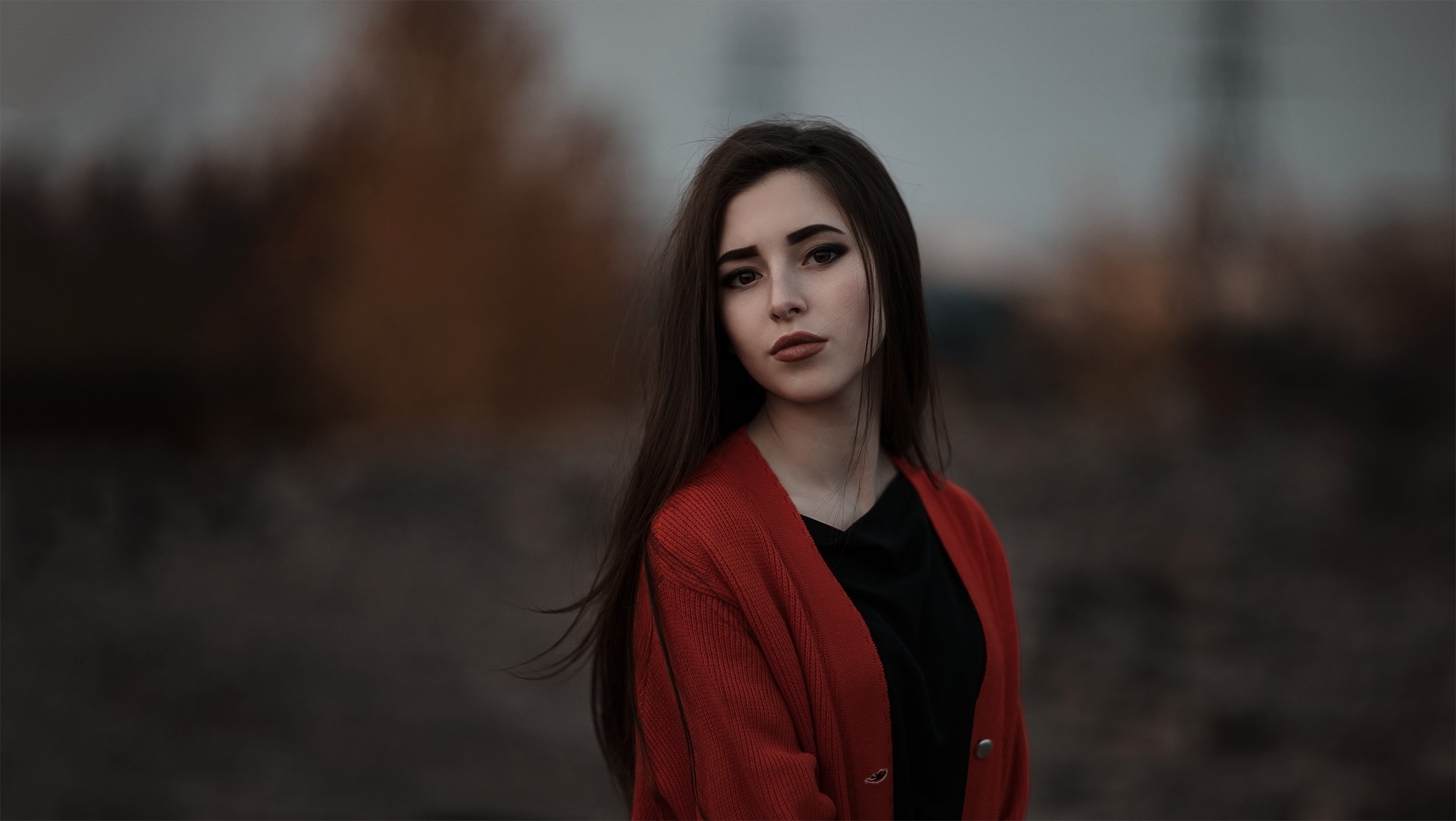 Woman with long hair wearing a red sweater HD Wallpaper