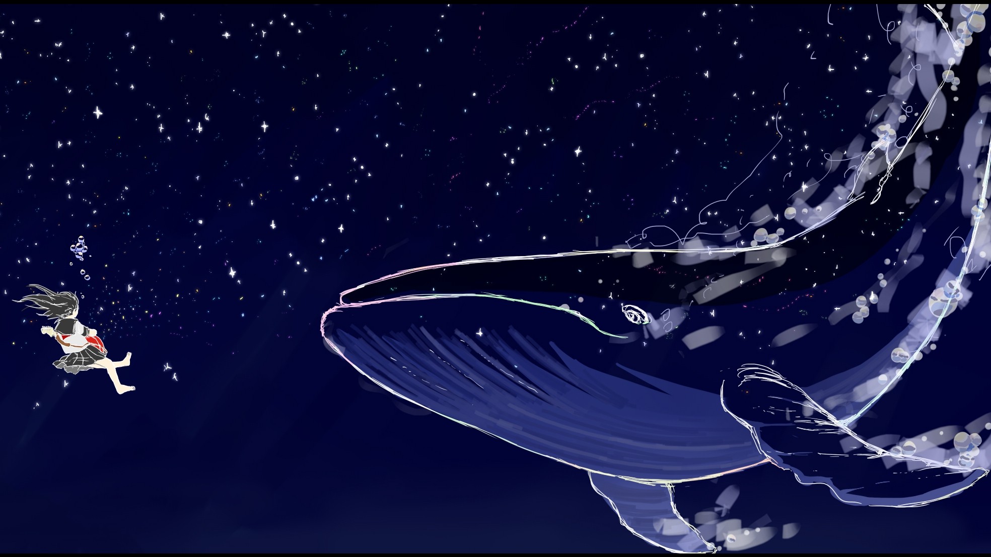 Girl and whale swimming under starry sky HD Wallpaper