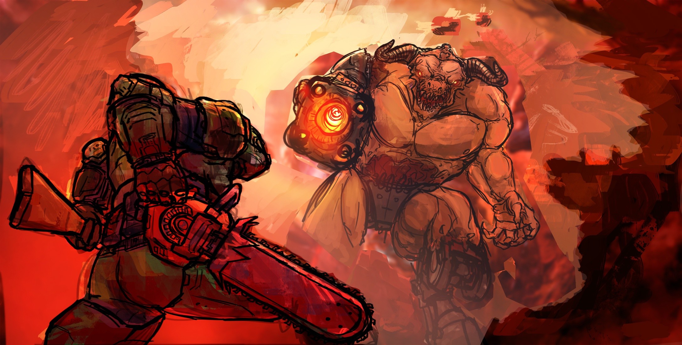 Doom Slayer fighting a demon with a chainsaw HD Wallpaper
