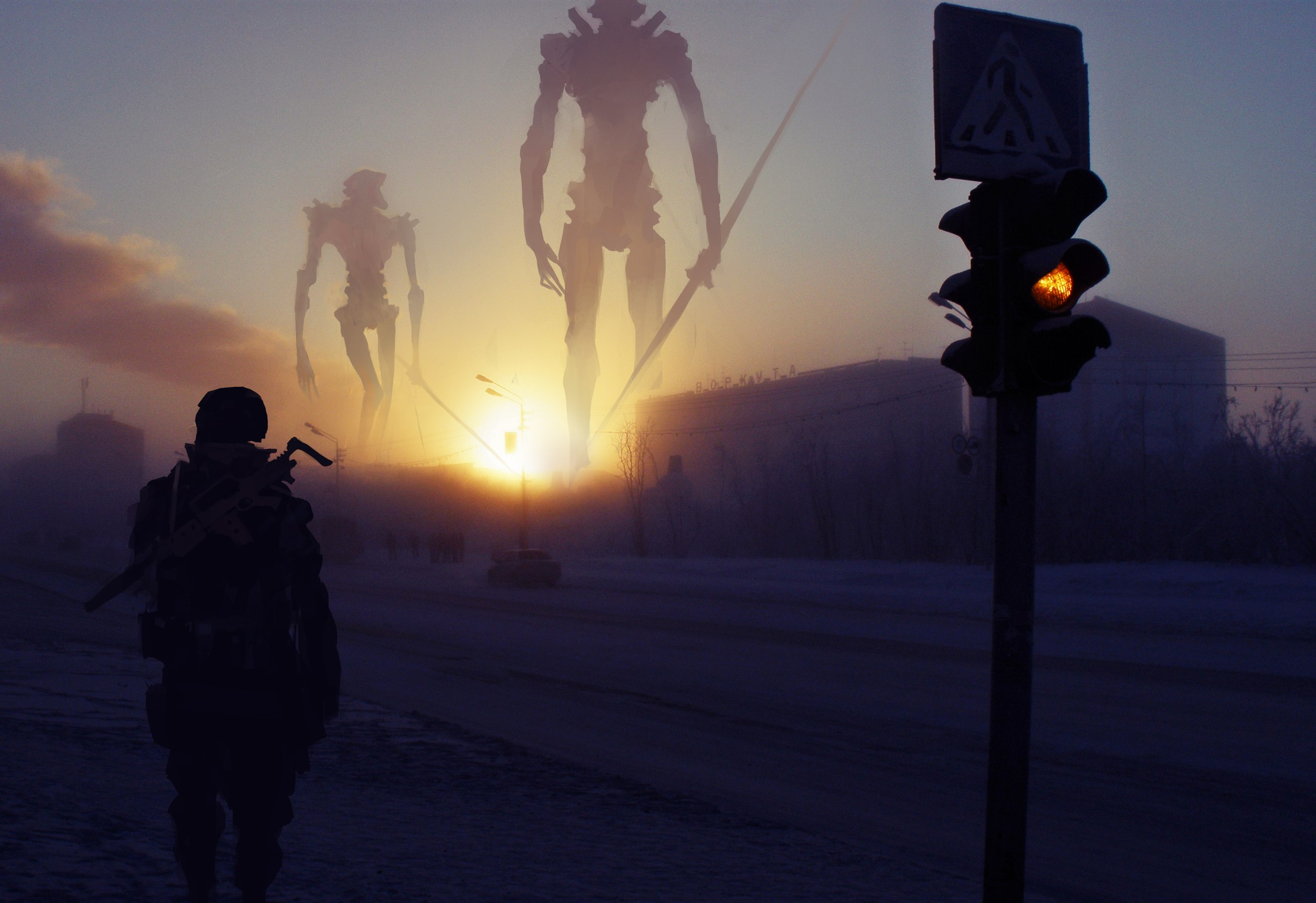 Neon Genesis Evangelion giants at sunrise in misty cityscape HD Wallpaper
