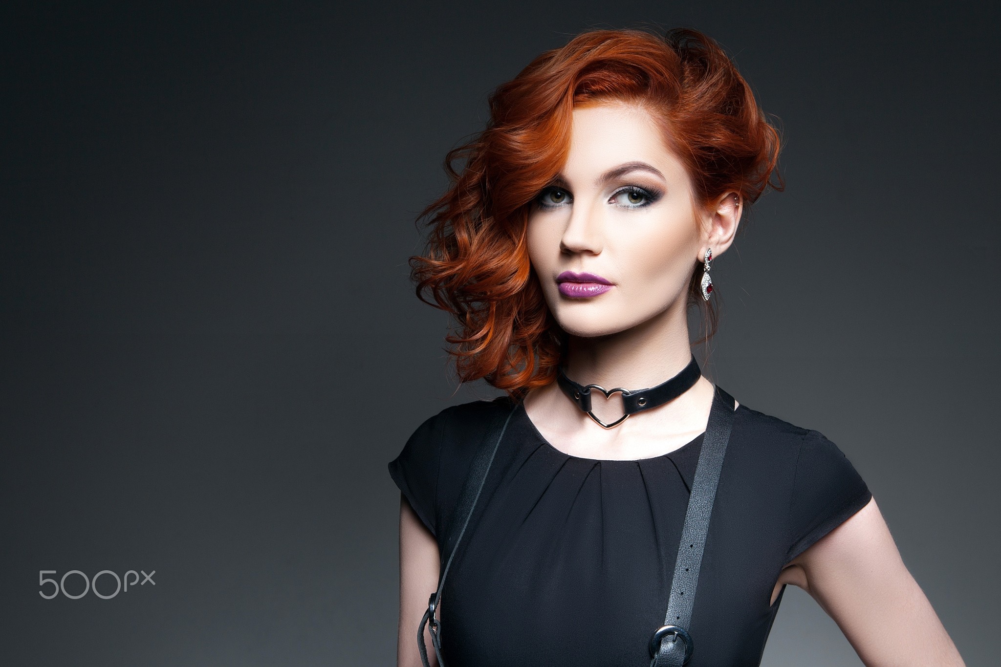 Redhead woman with choker and black dress HD Wallpaper