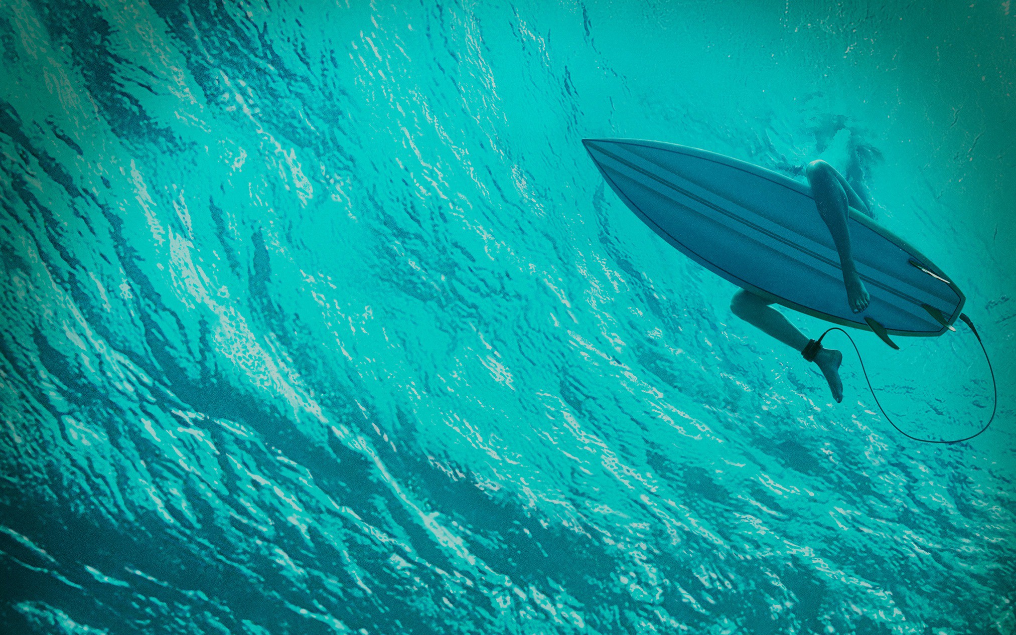 Surfer underwater with surfboard HD Wallpaper