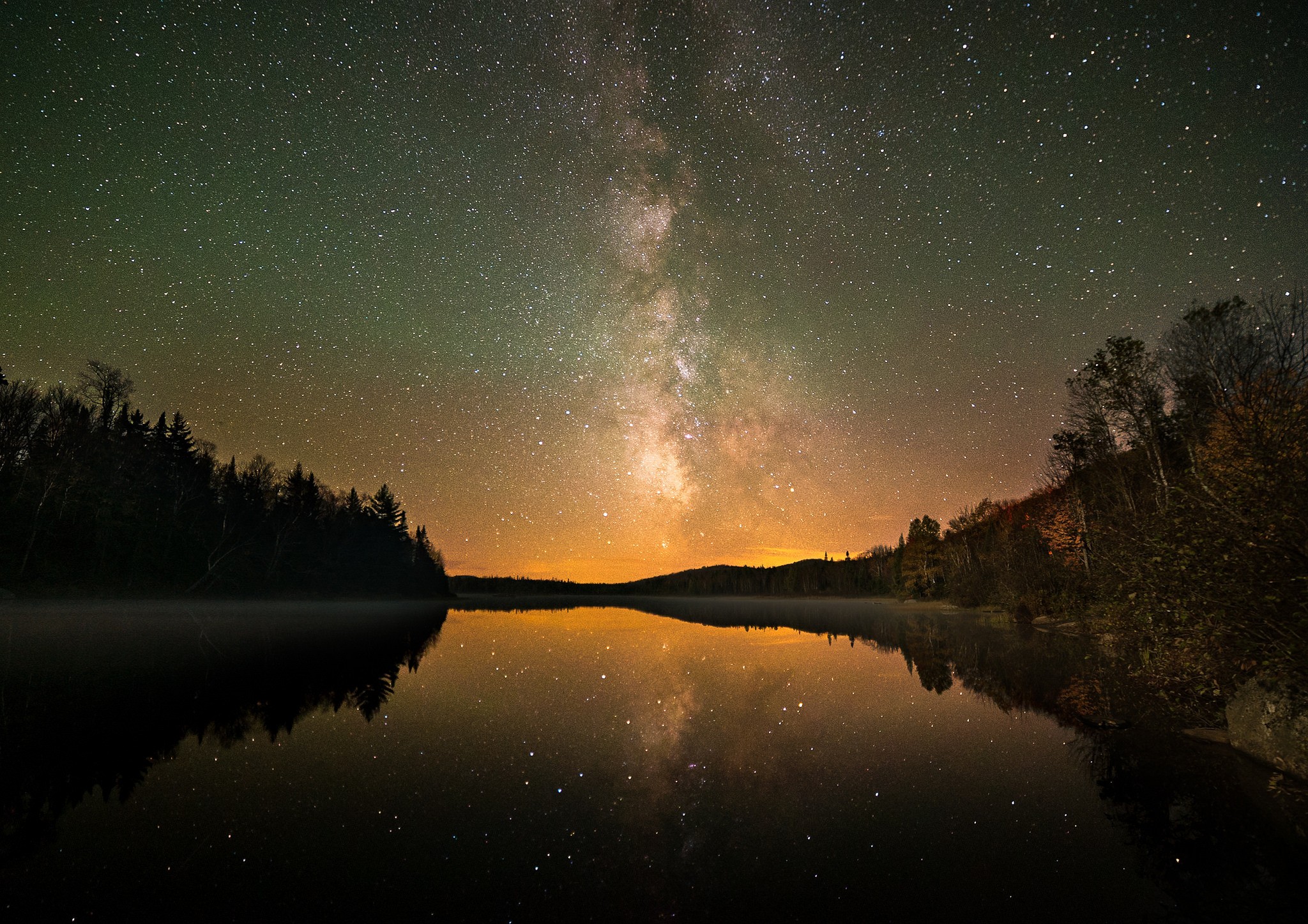 Milky Way over a calm lake and forest HD Wallpaper
