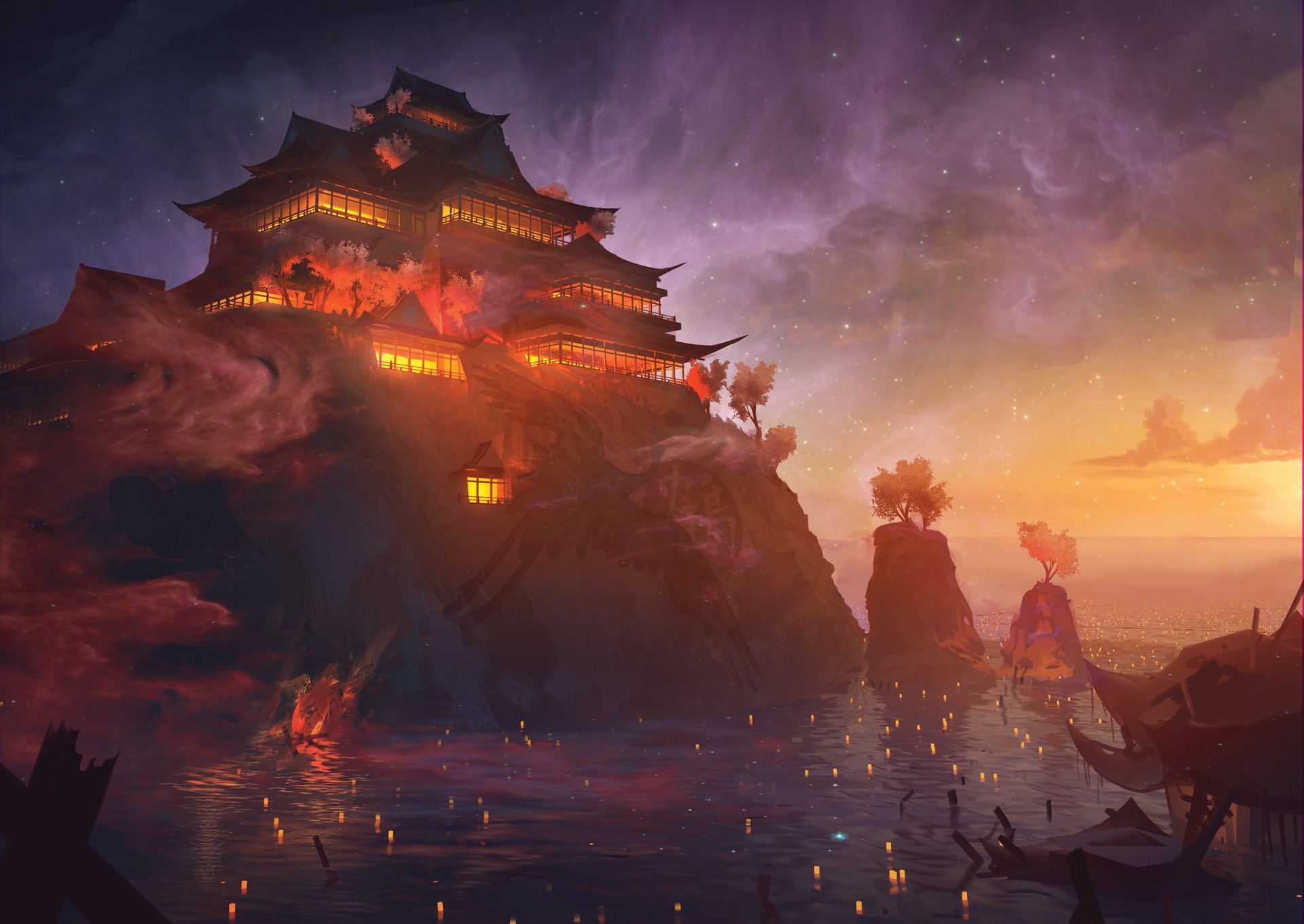 Fantasy castle on a cliff overlooking the sea at sunset HD Wallpaper