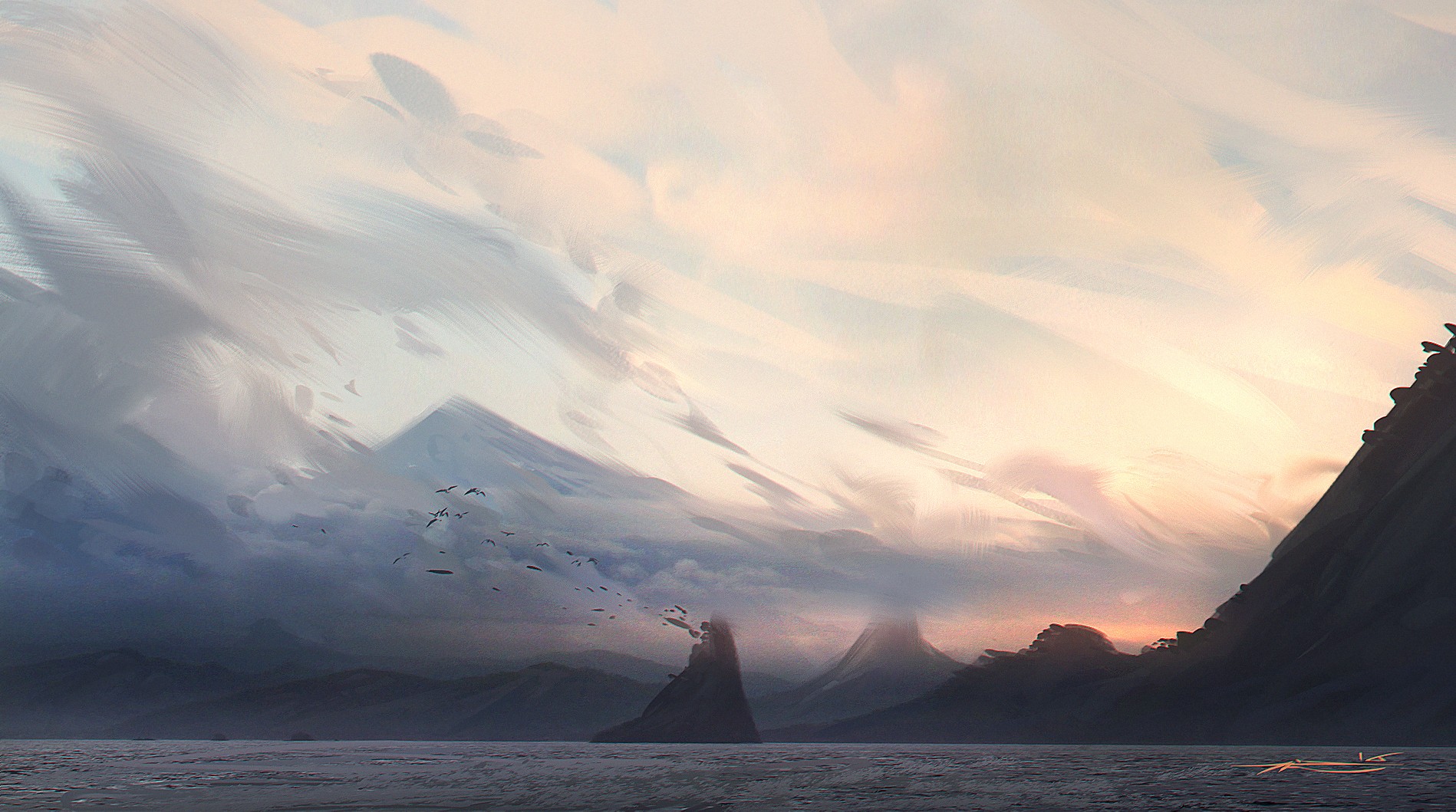 Birds flying over mountains at sunset HD Wallpaper