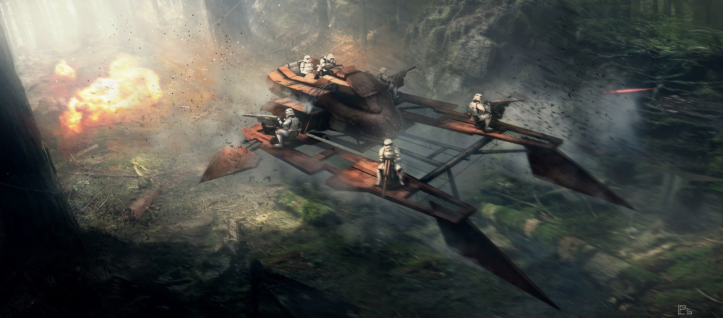 Star Wars Stormtroopers on a speeder bike in a forest battle HD Wallpaper