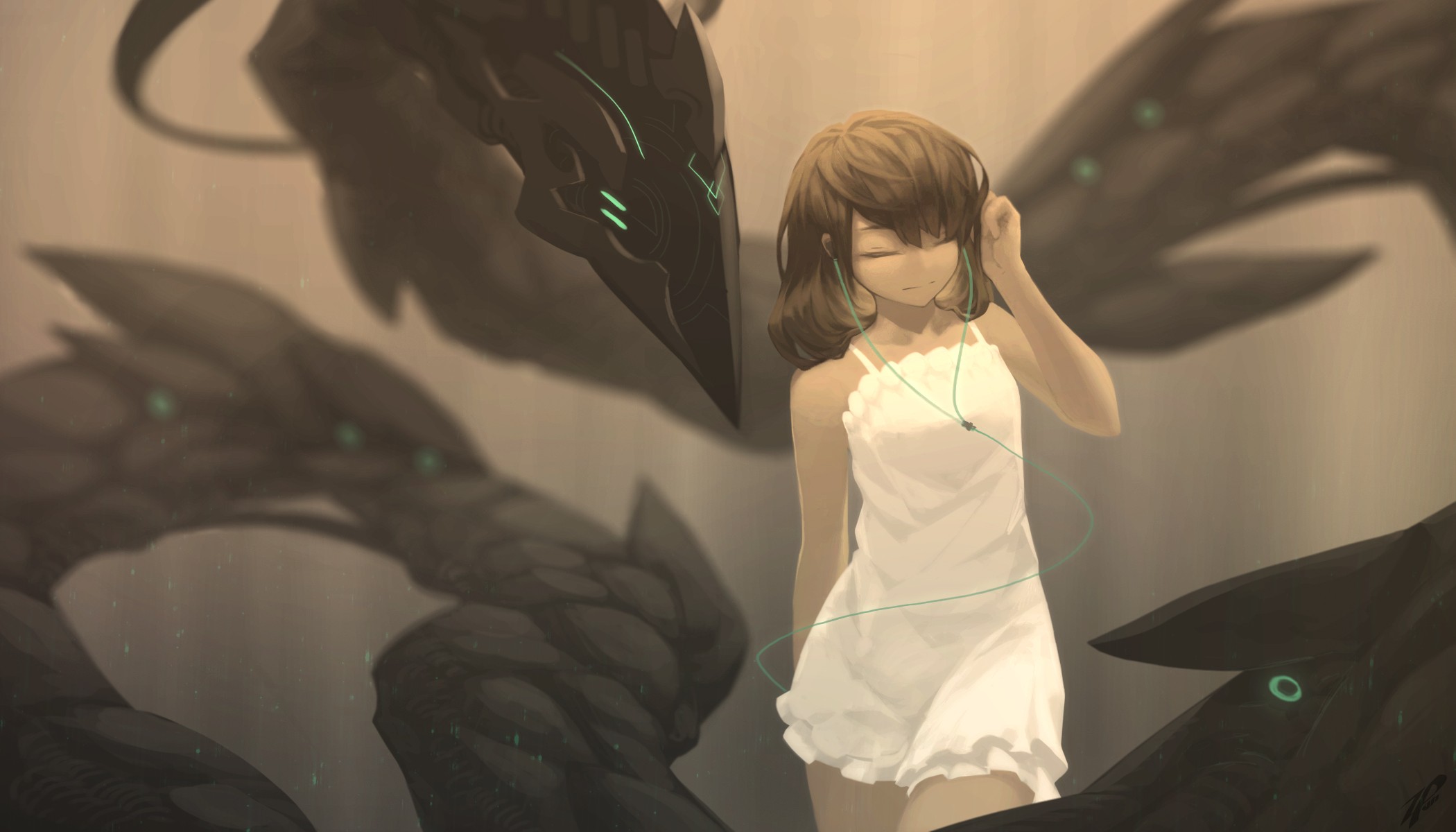 Girl in white dress listening to music with futuristic creatures HD Wallpaper