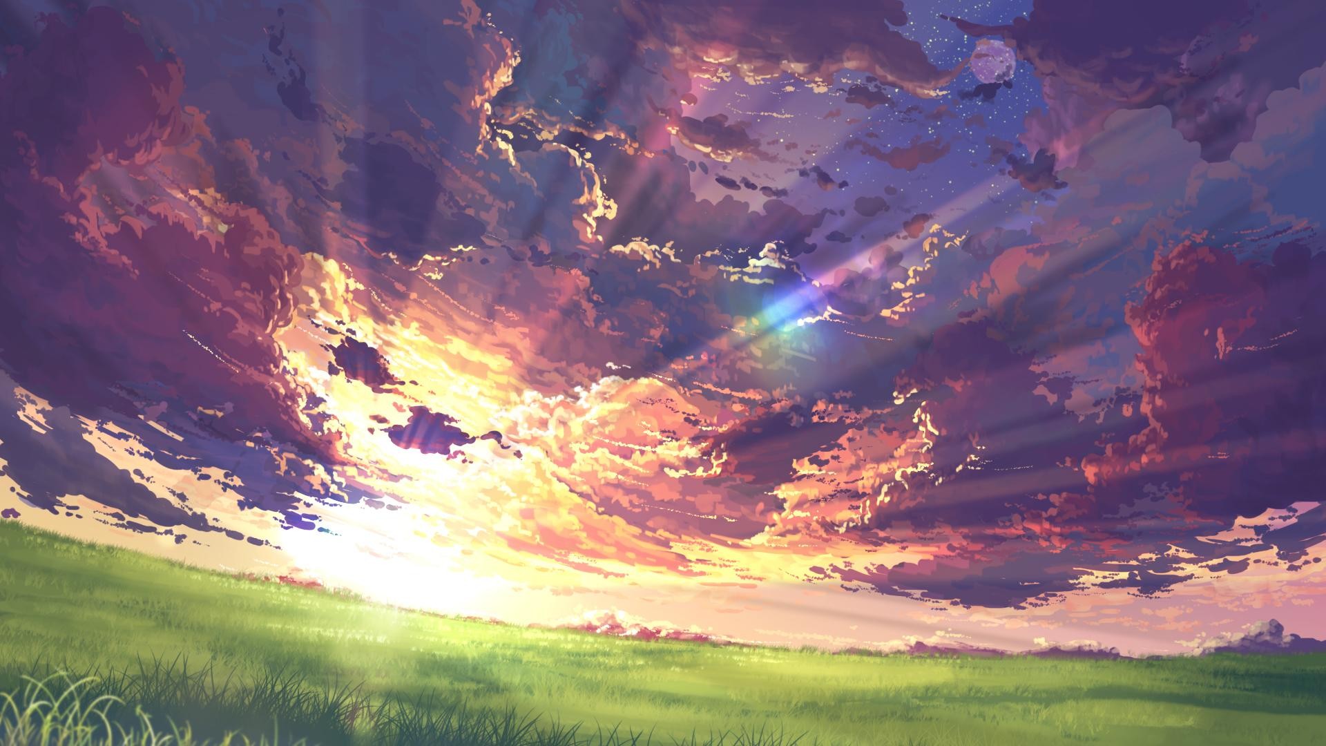 Anime landscape with dramatic sunset clouds over a grassy field HD Wallpaper