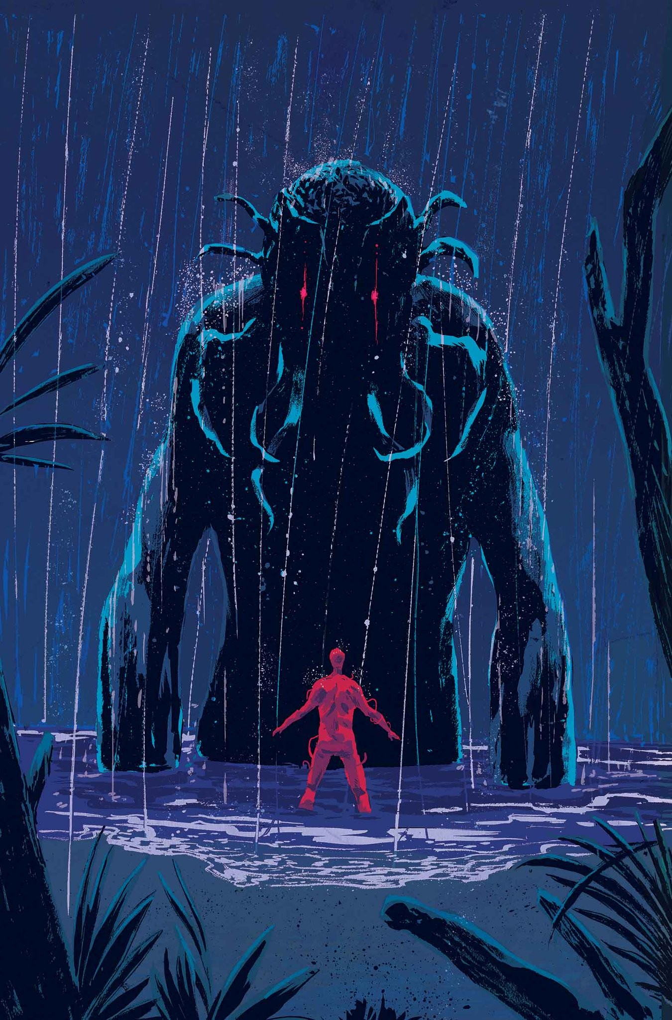 Cthulhu monster and a man in the rain HD Wallpaper