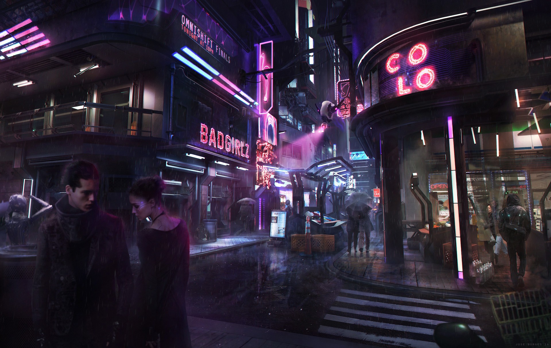 Cyberpunk street with neon signs and people HD Wallpaper