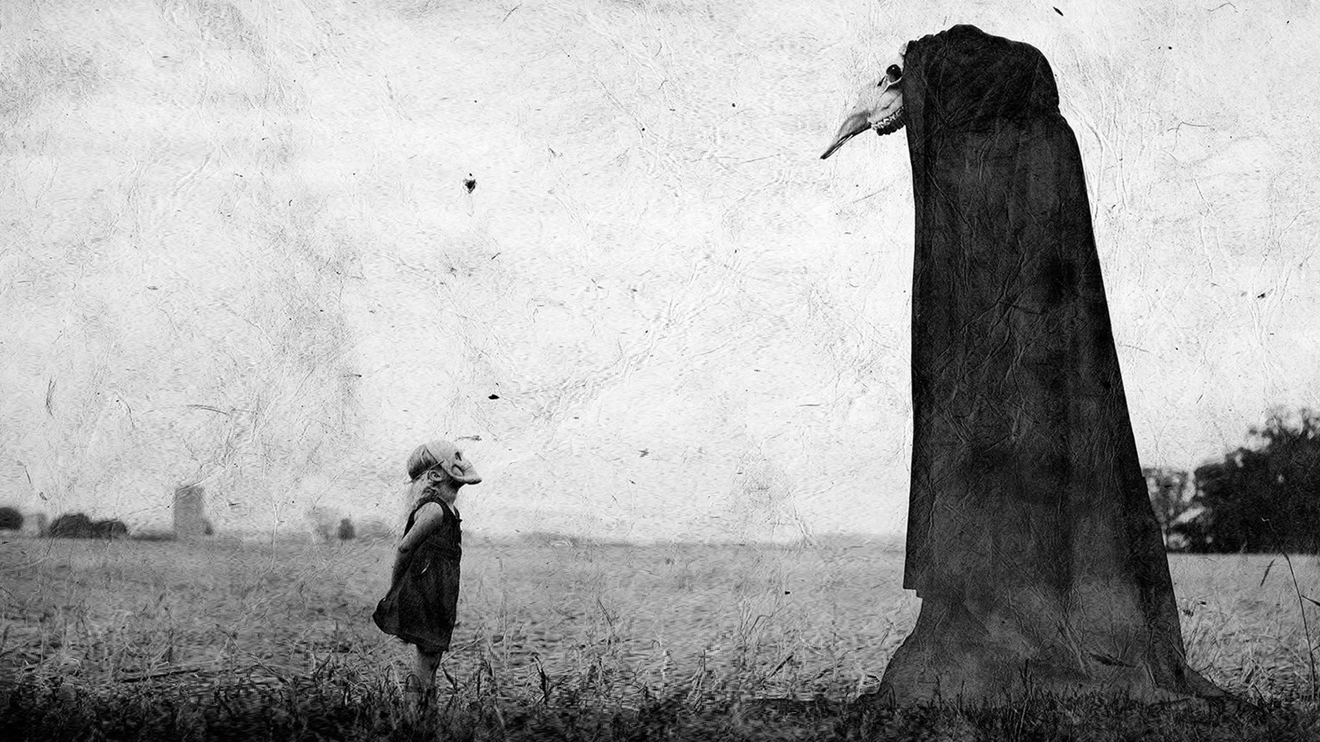 Girl and Plague Doctor in a Field HD Wallpaper