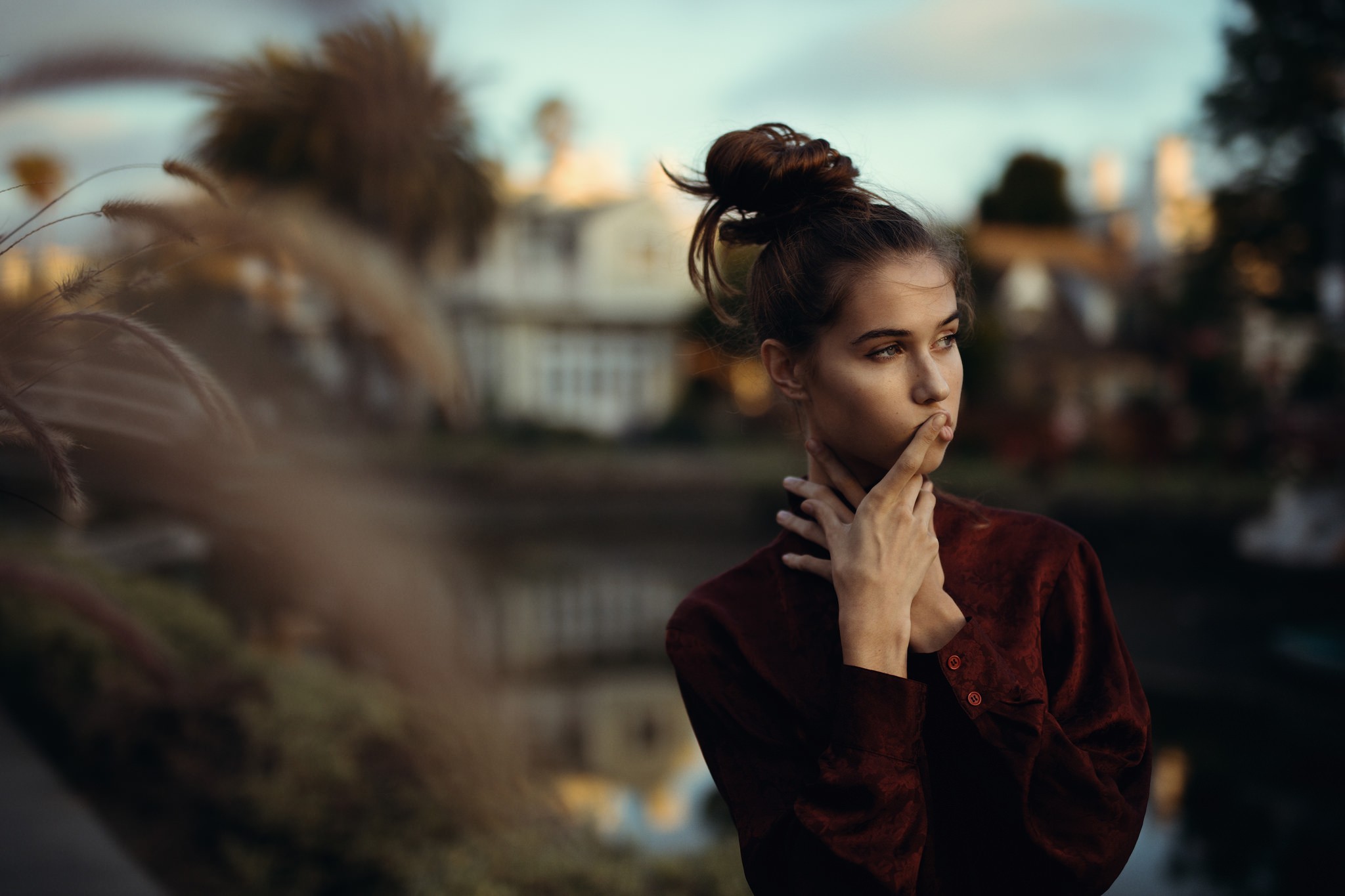 Portrait of a woman with finger on lips, Jesse Herzog HD Wallpaper