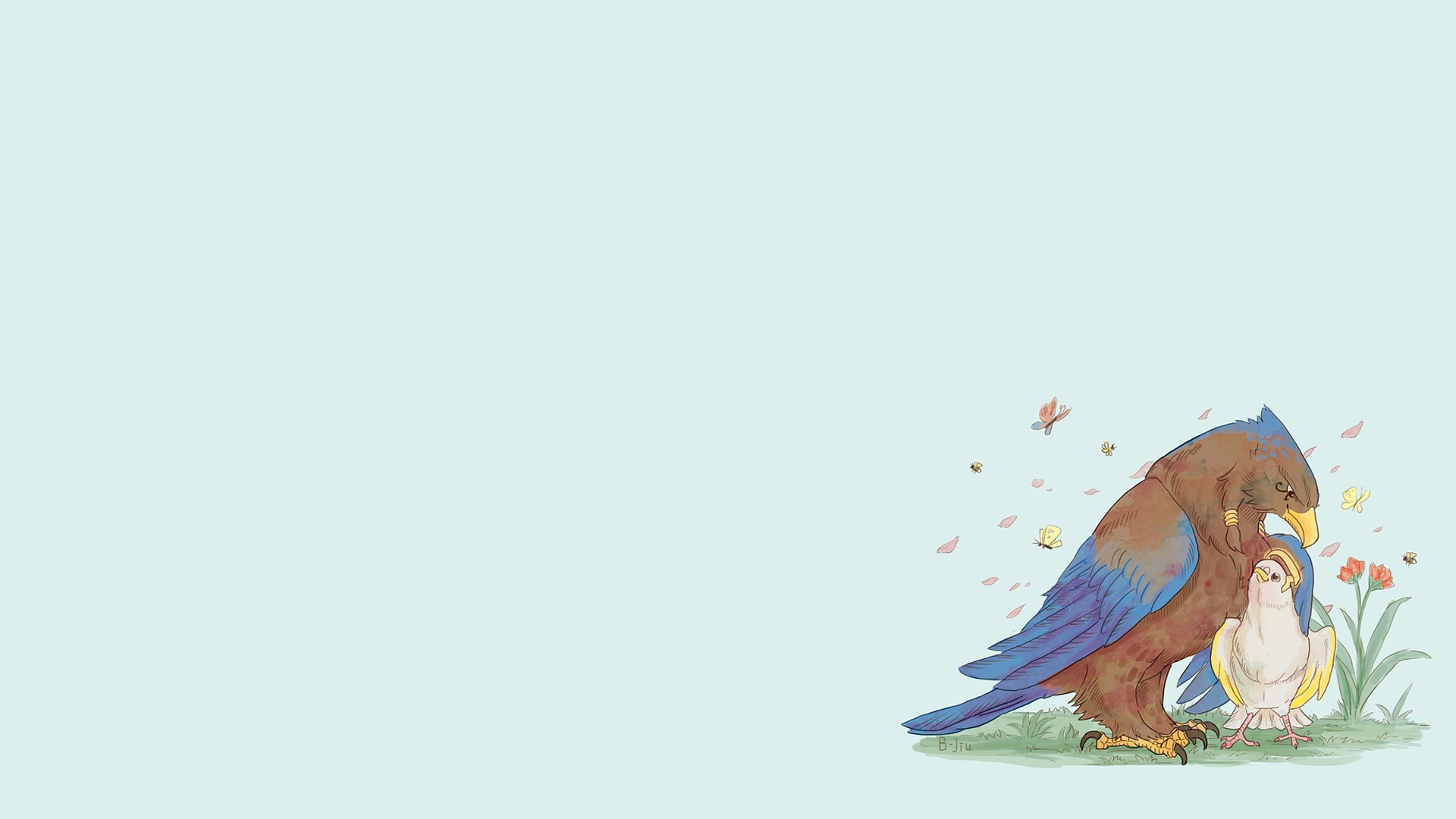 Two birds with butterflies and flowers HD Wallpaper
