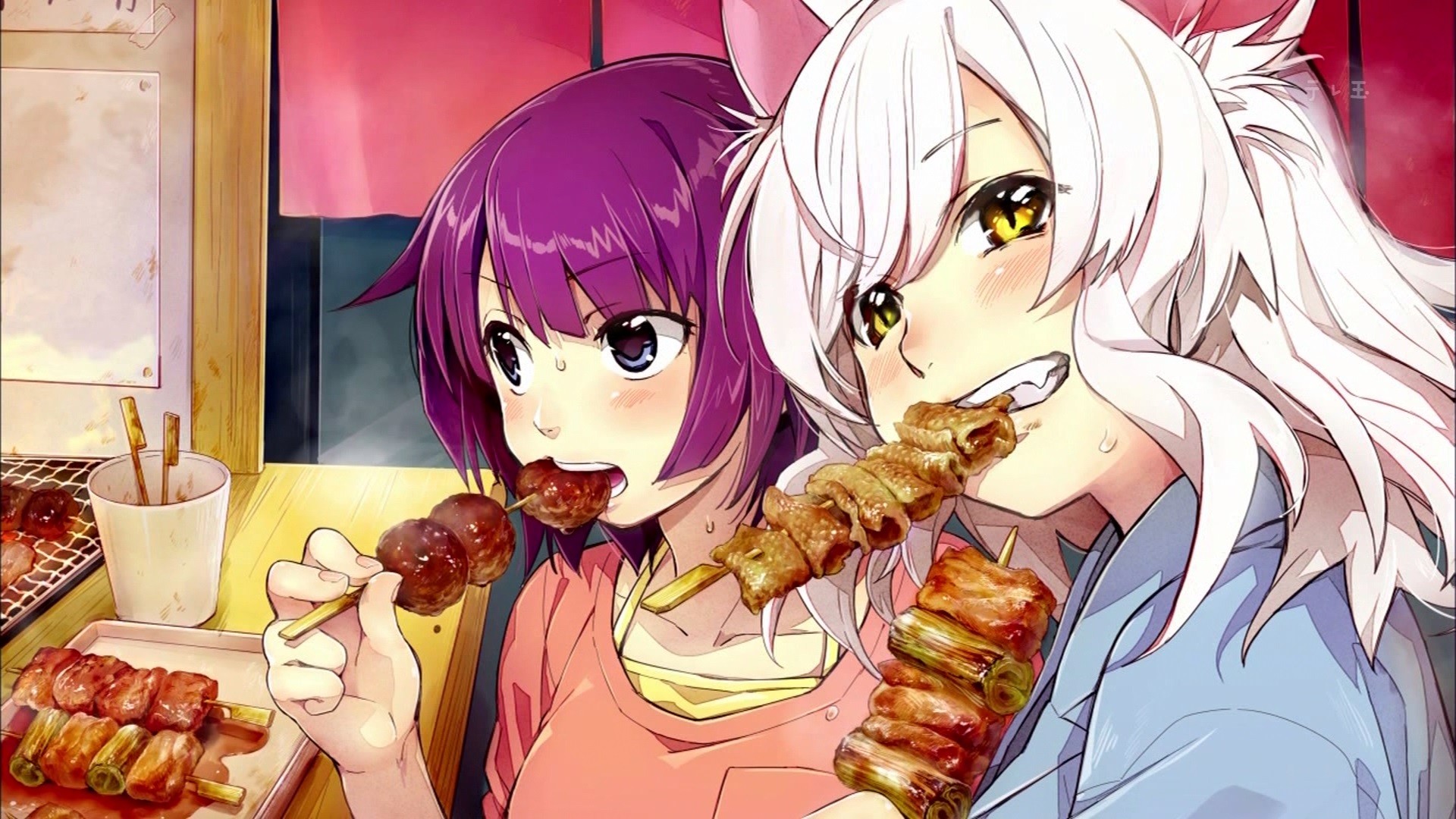 Hanekawa Tsubasa and Senjougahara Hitagi eating skewers HD Wallpaper