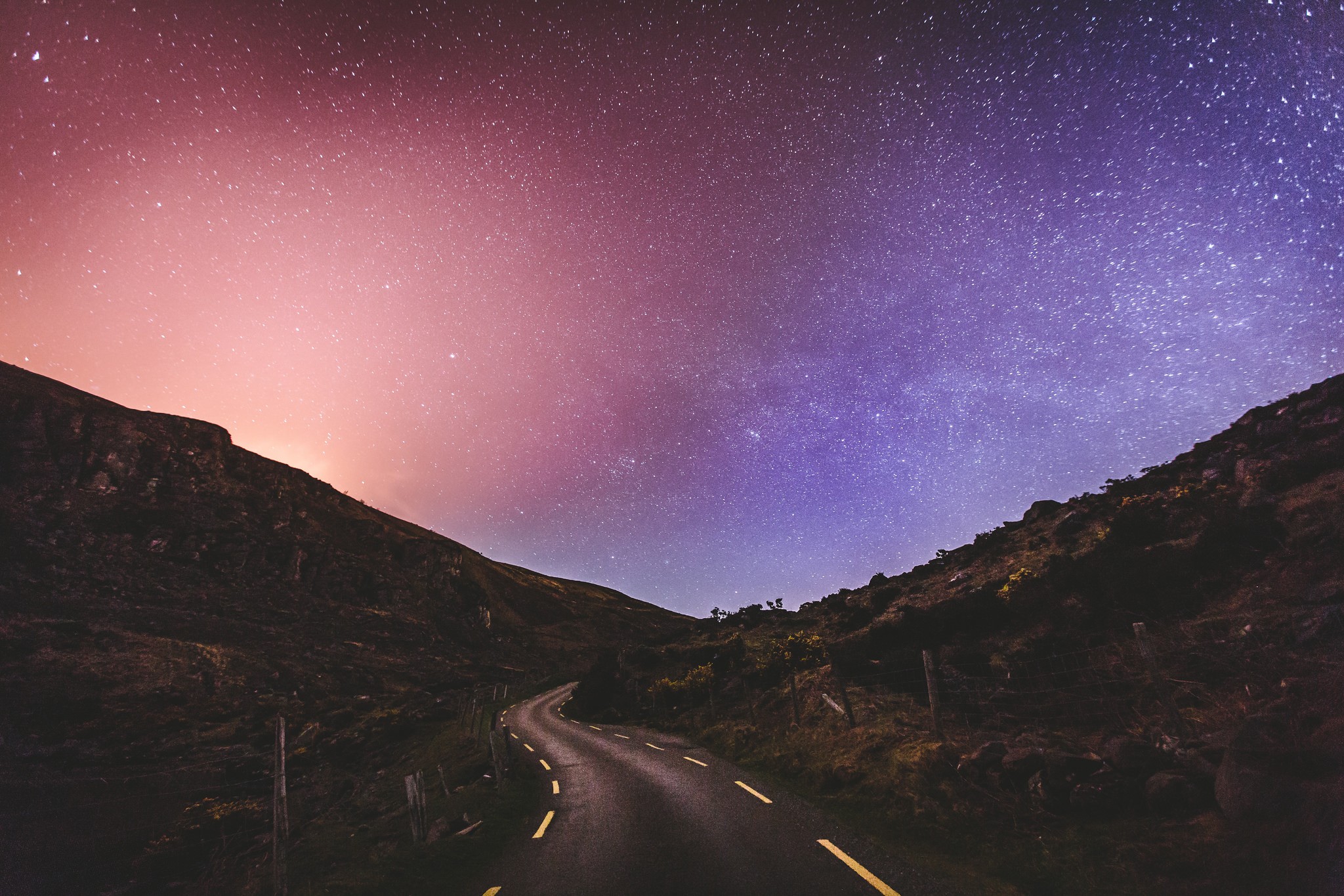 Road under a starry sky HD Wallpaper