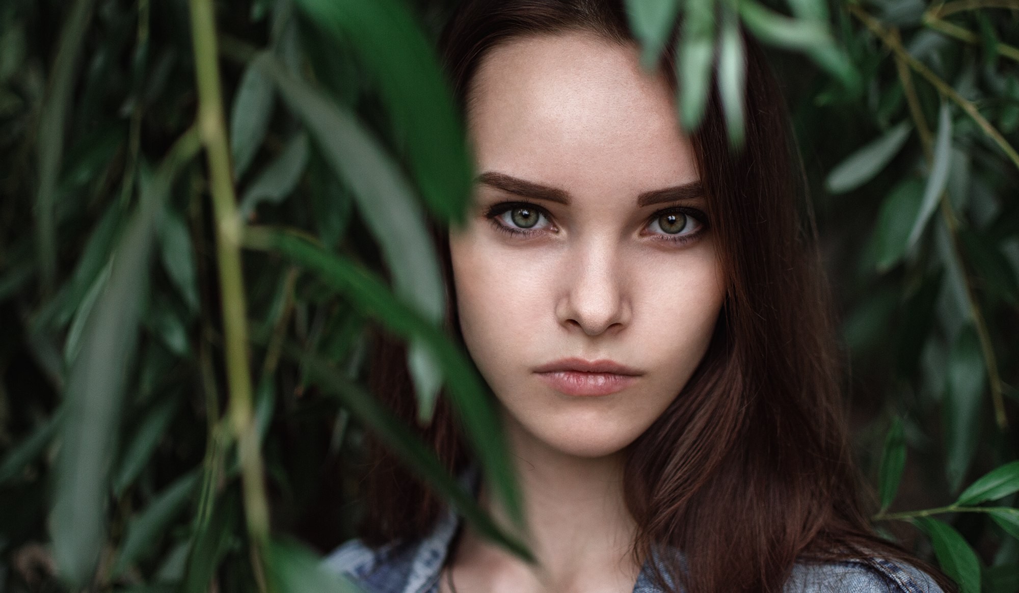Woman's face partially obscured by leaves HD Wallpaper