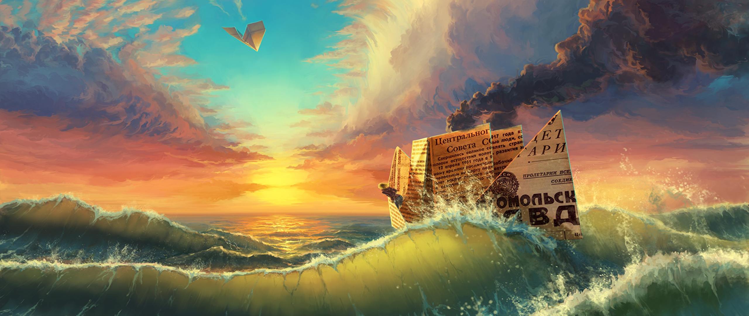 Paper boat sailing on stormy seas at sunset HD Wallpaper