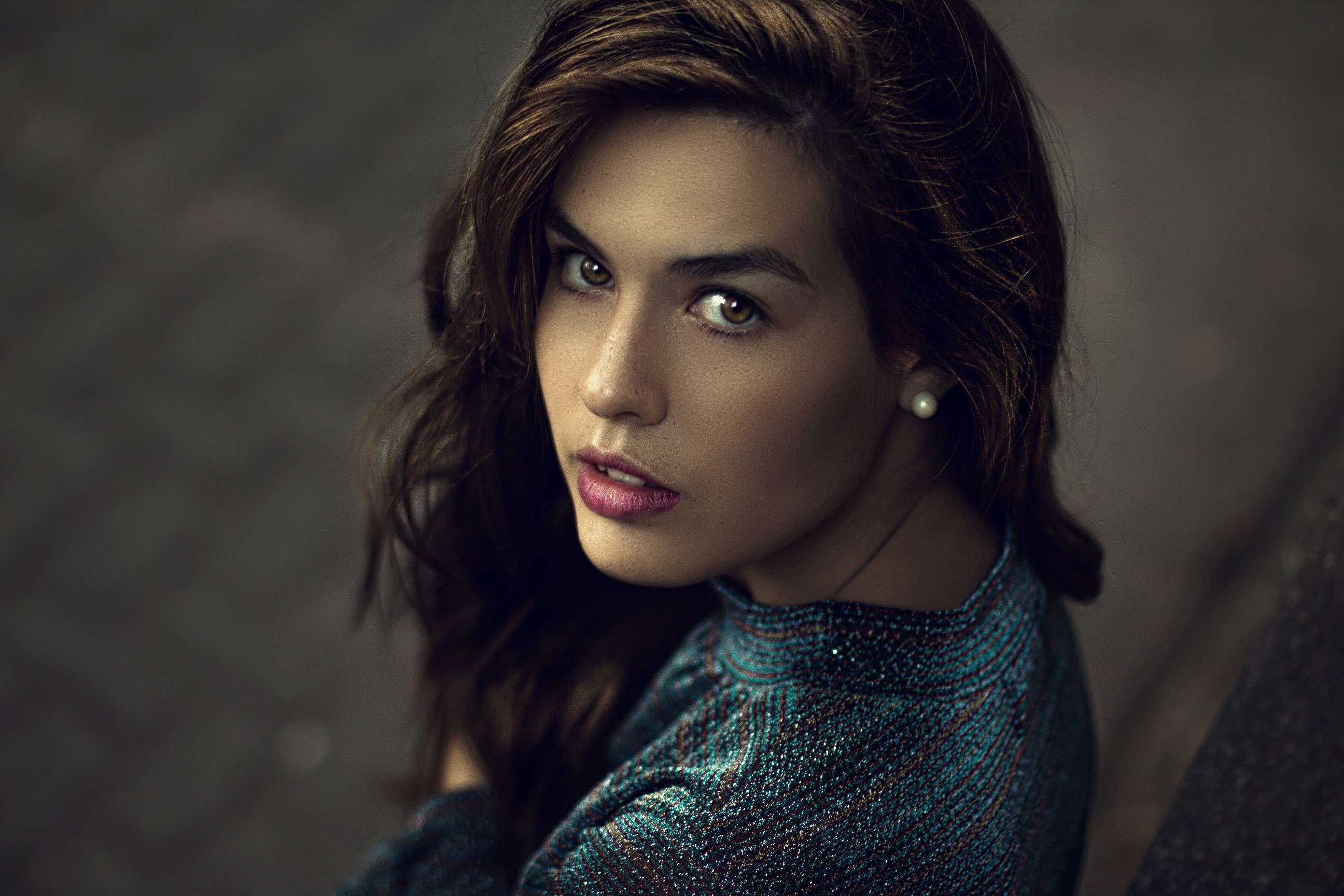 Woman with dark hair and pearl earring looking at viewer HD Wallpaper