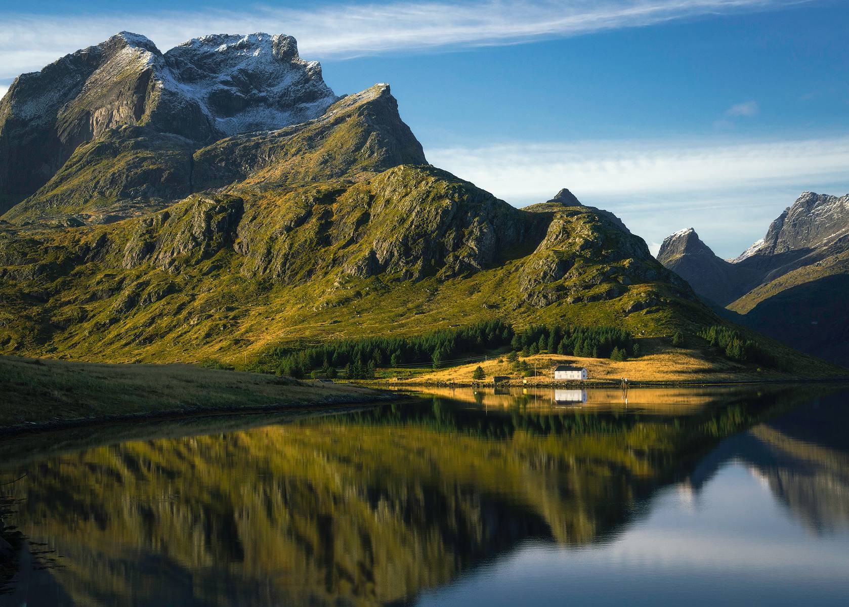 Mountain landscape with a lake and a house HD Wallpaper