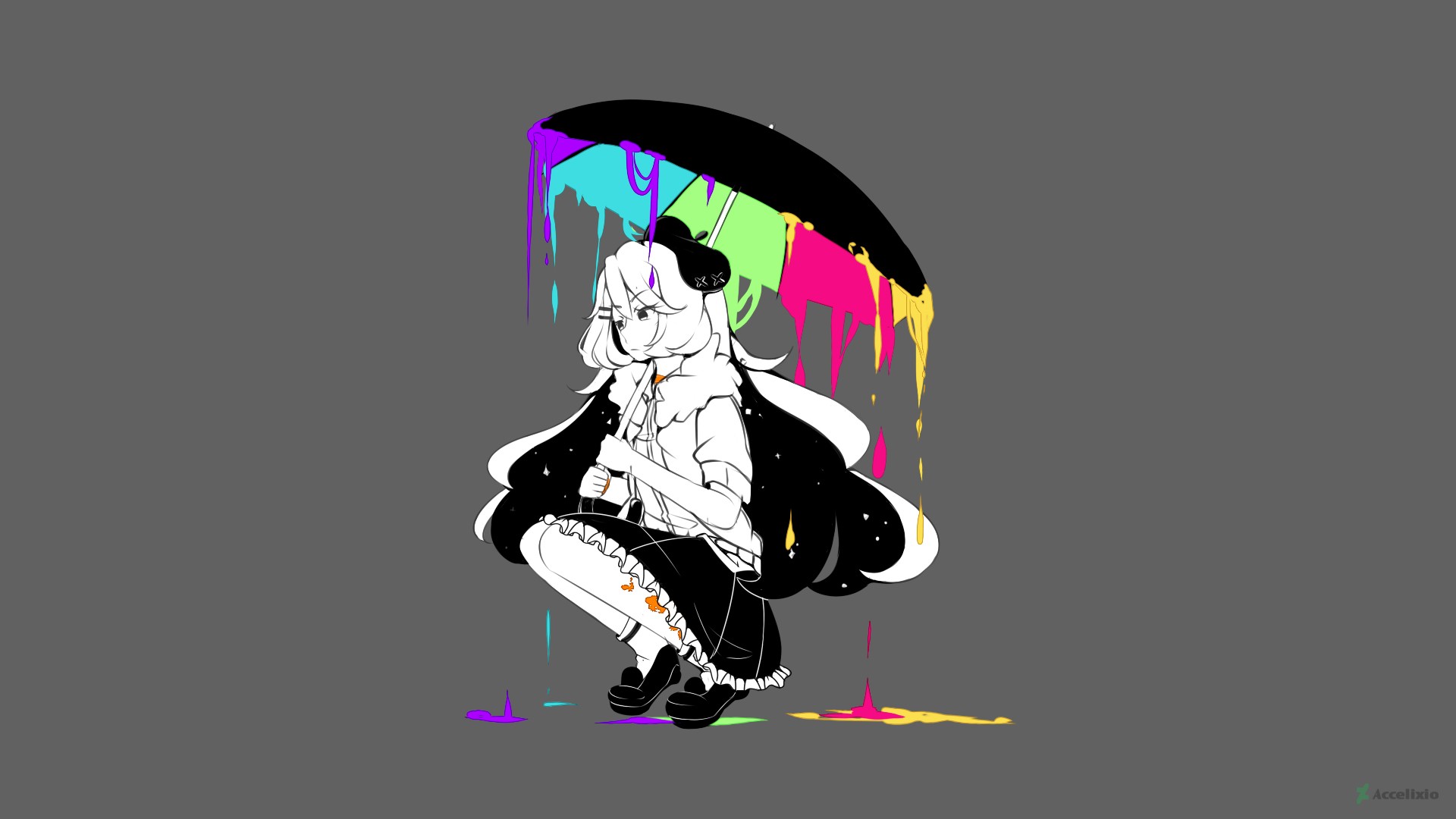 Anime girl with colorful dripping umbrella HD Wallpaper