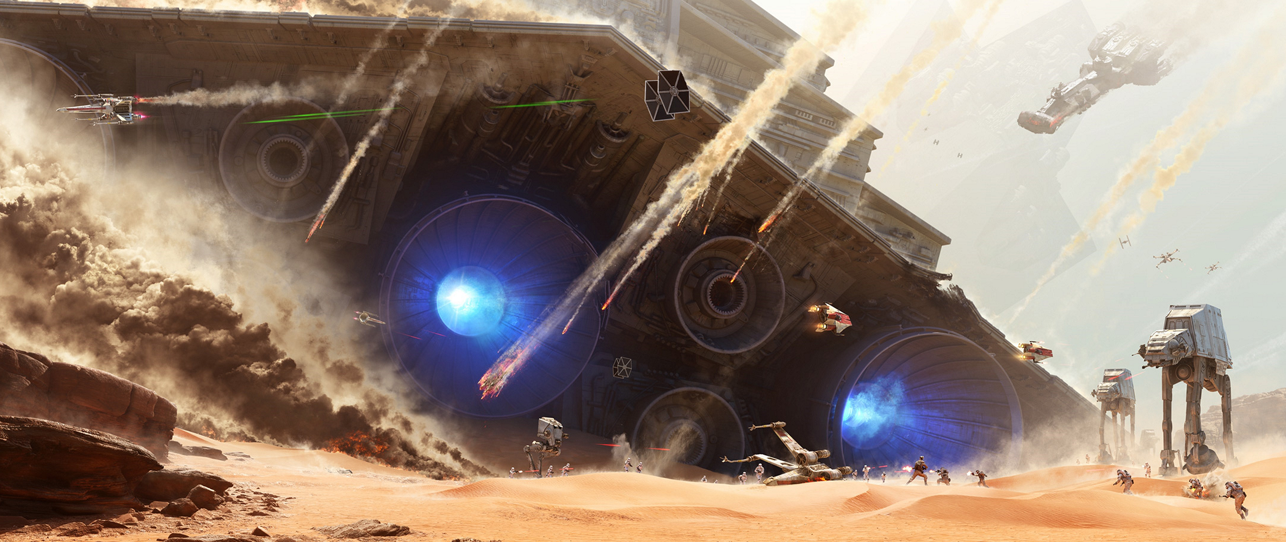 Star Wars battle scene with AT-ATs and starfighters HD Wallpaper
