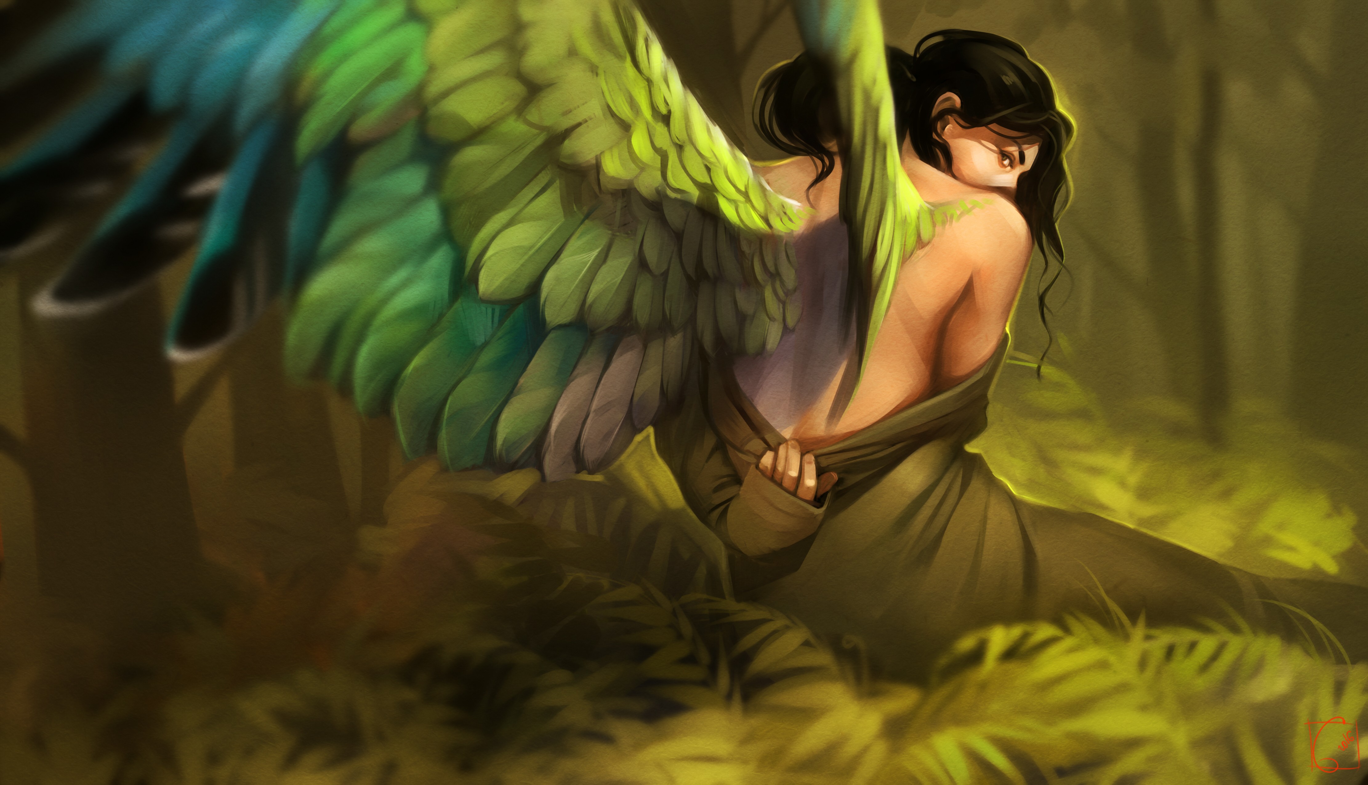 Fantasy art of a woman with green wings HD Wallpaper