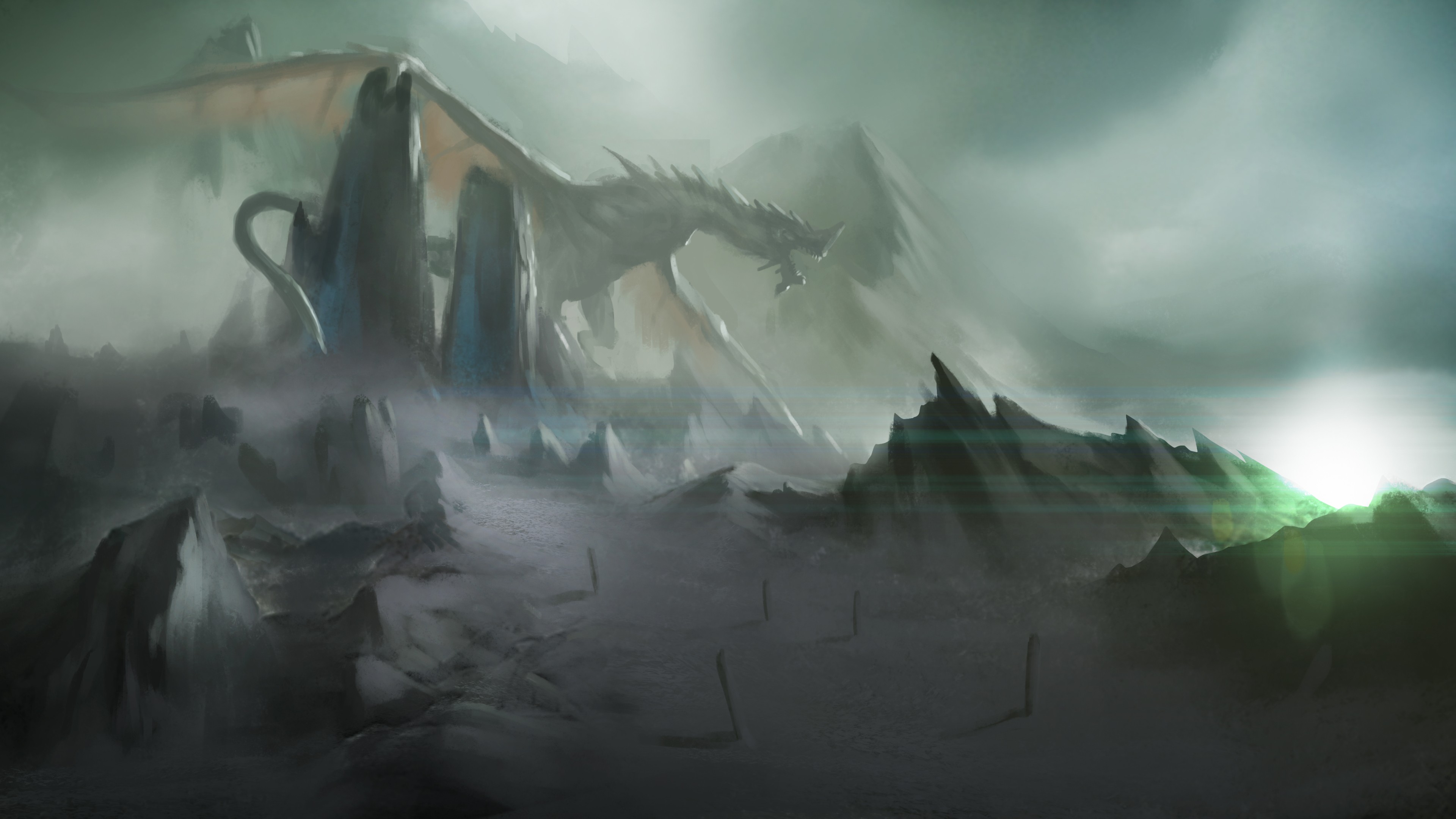 Dragon in a misty, rocky landscape with ancient stones HD Wallpaper