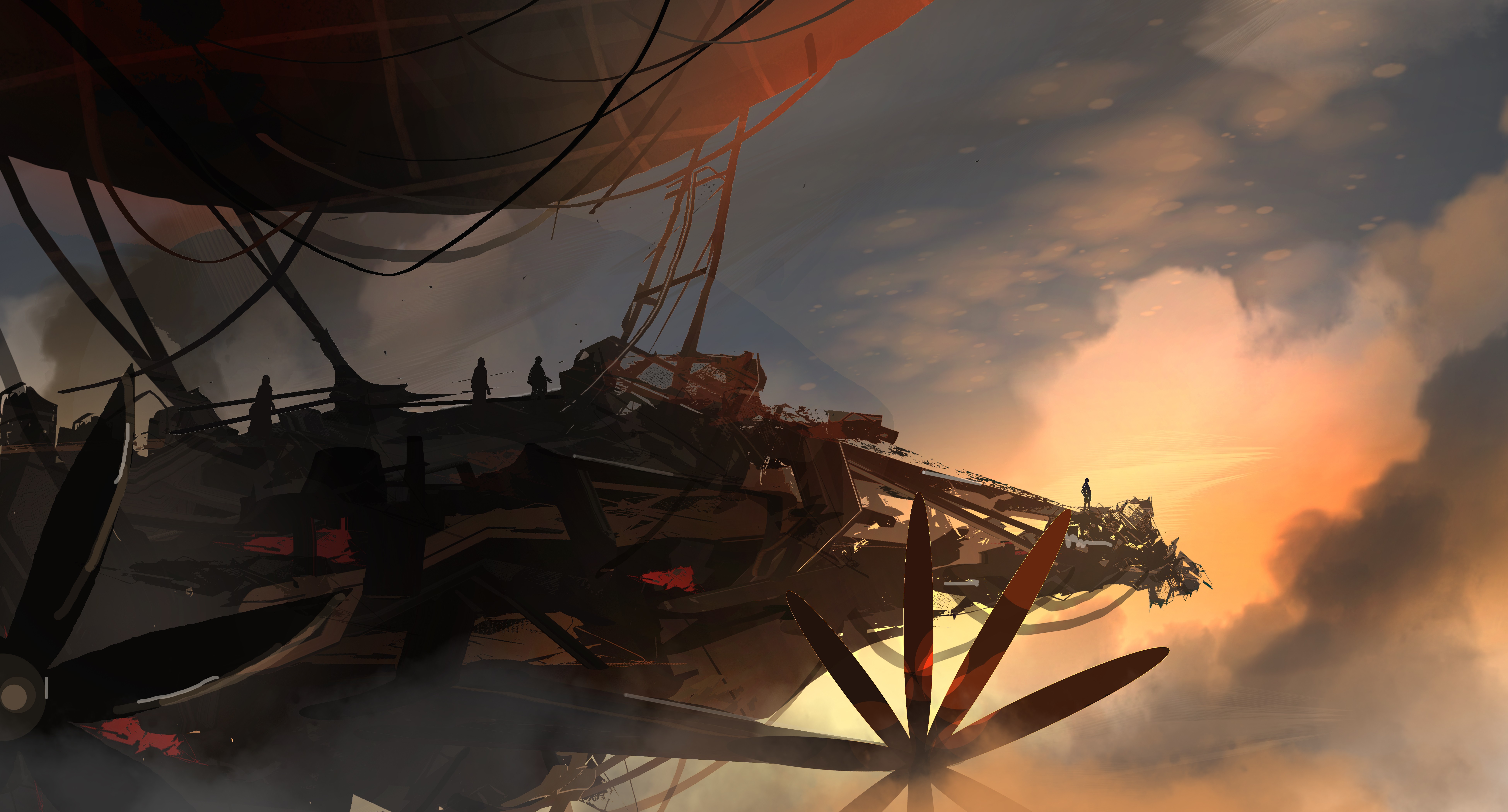 Steampunk airship in a cloudy sky at sunset HD Wallpaper