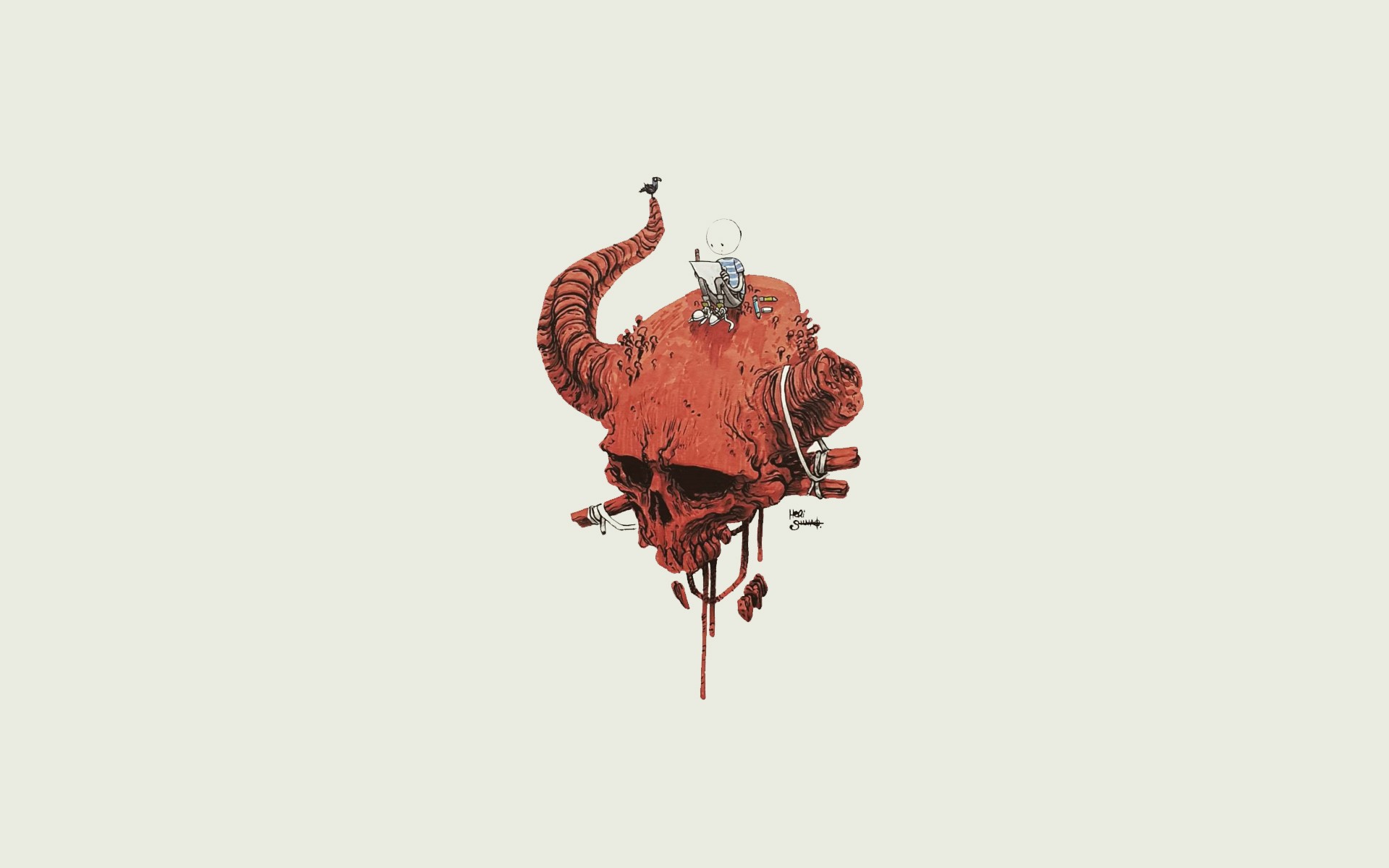 Red skull with horn and bird HD Wallpaper